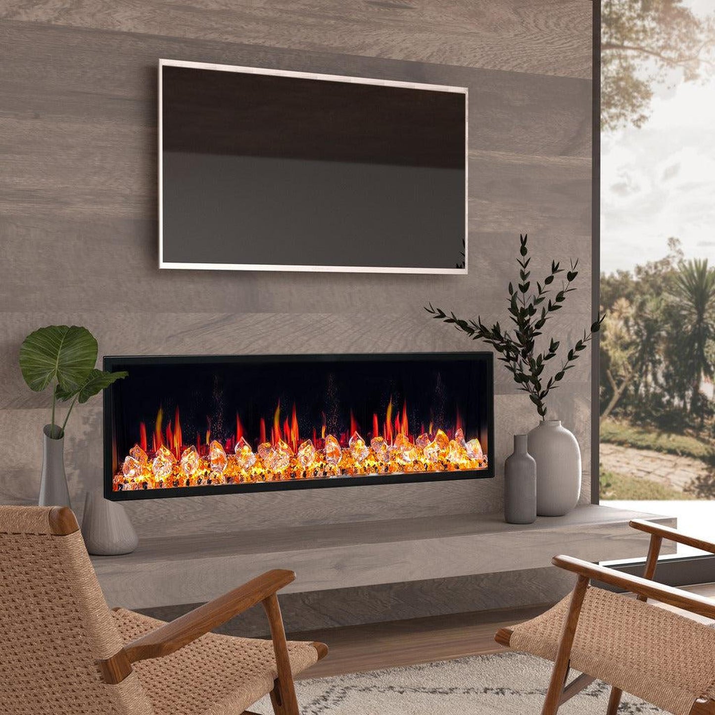 Litedeer Latitude 55" Ultra Slim WiFi Enabled Built-In Electric Fireplace with Acrylic Crushed Ice Rocks