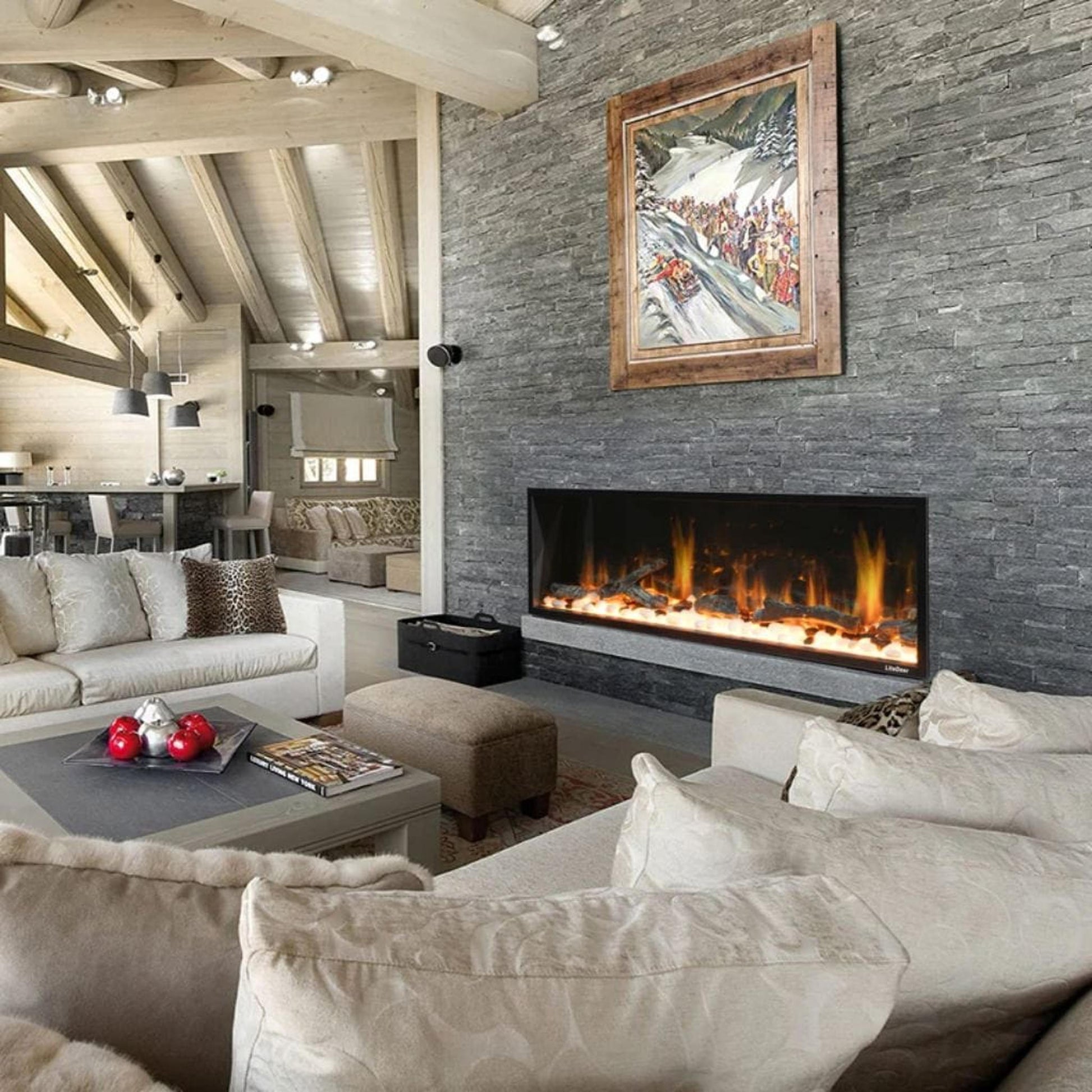 Litedeer Latitude 65" Smart Linear WiFi Enabled Built-In Electric Fireplace With Driftwood Log & River Rock