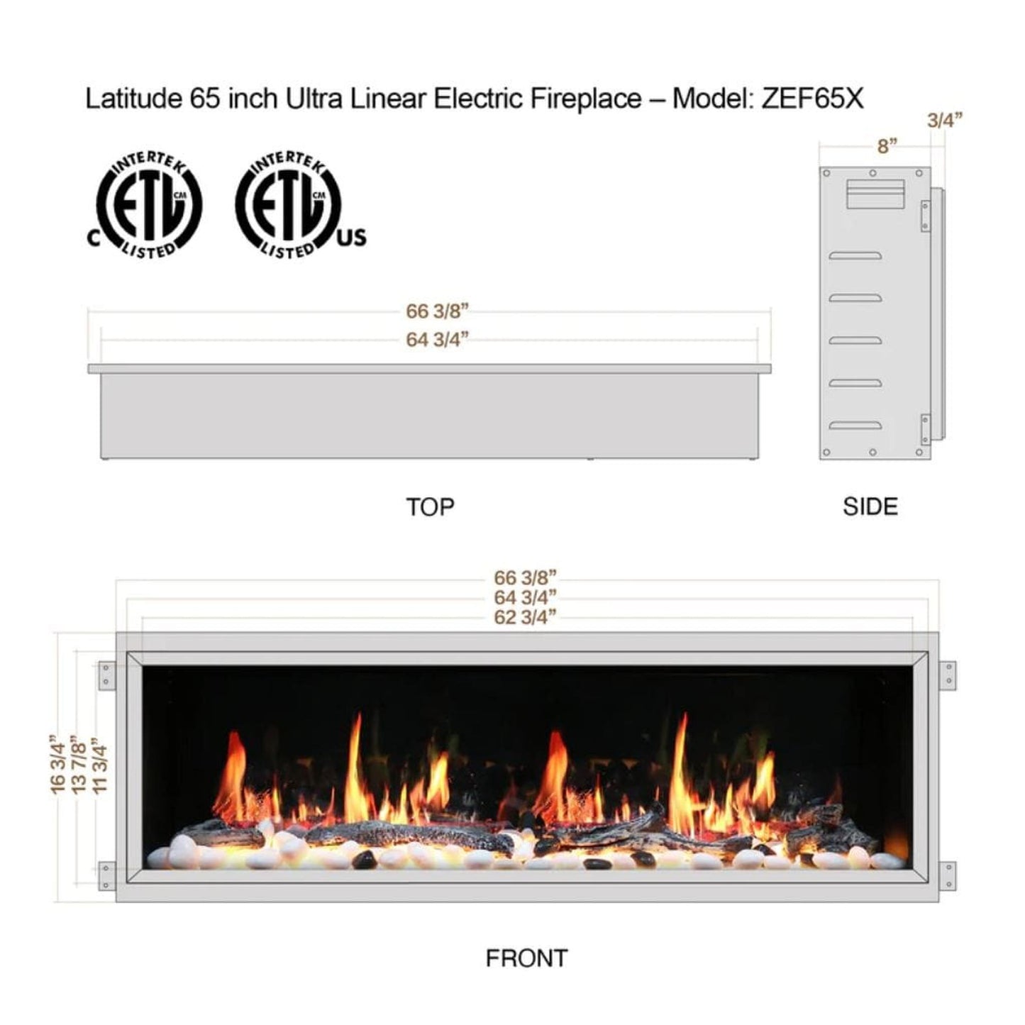 Litedeer Latitude 65" Smart Linear WiFi Enabled Built-In Electric Fireplace With Driftwood Log & River Rock