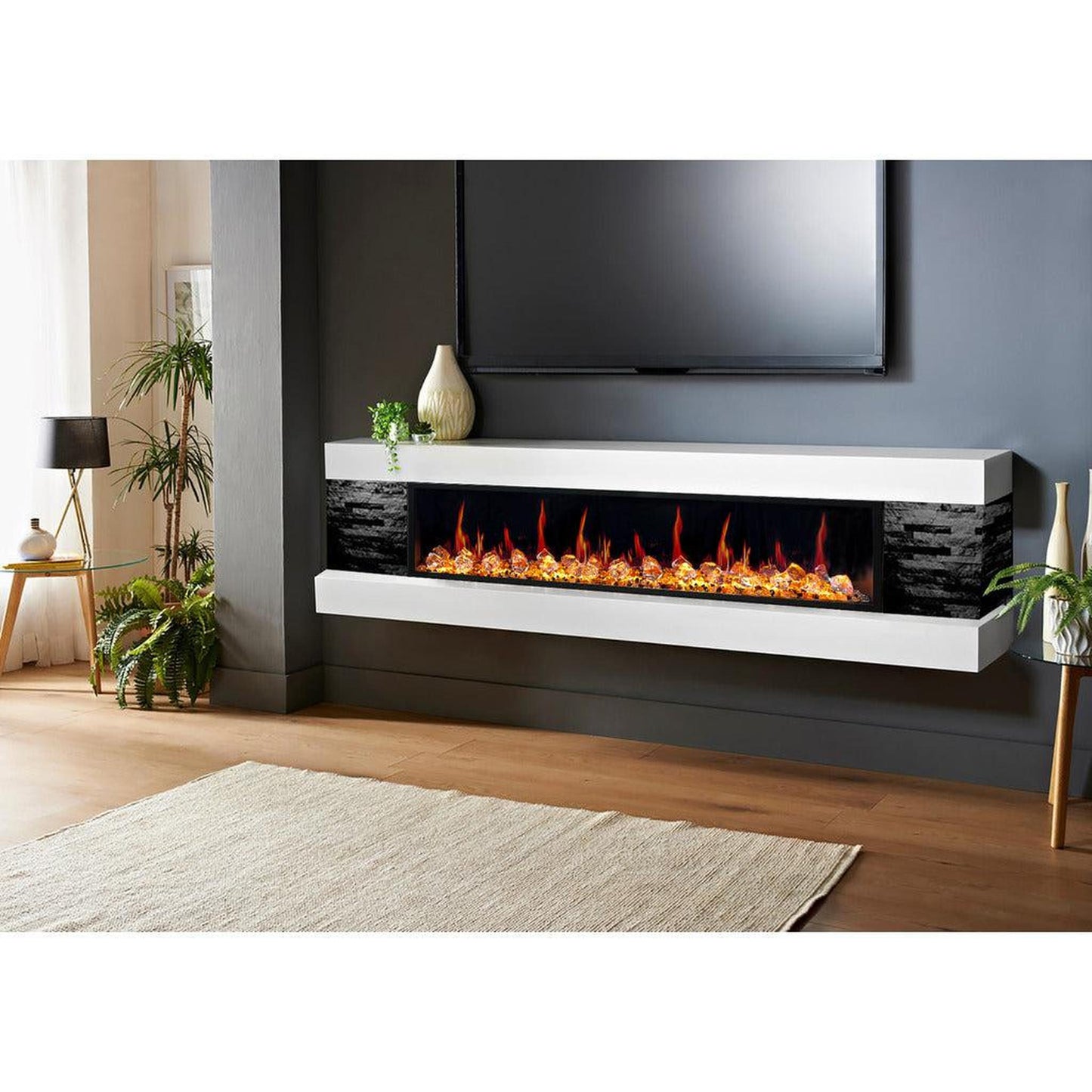 Litedeer Latitude 75" Ultra Slim WiFi Enabled Built-In Electric Fireplace with Acrylic Crushed Ice Rocks