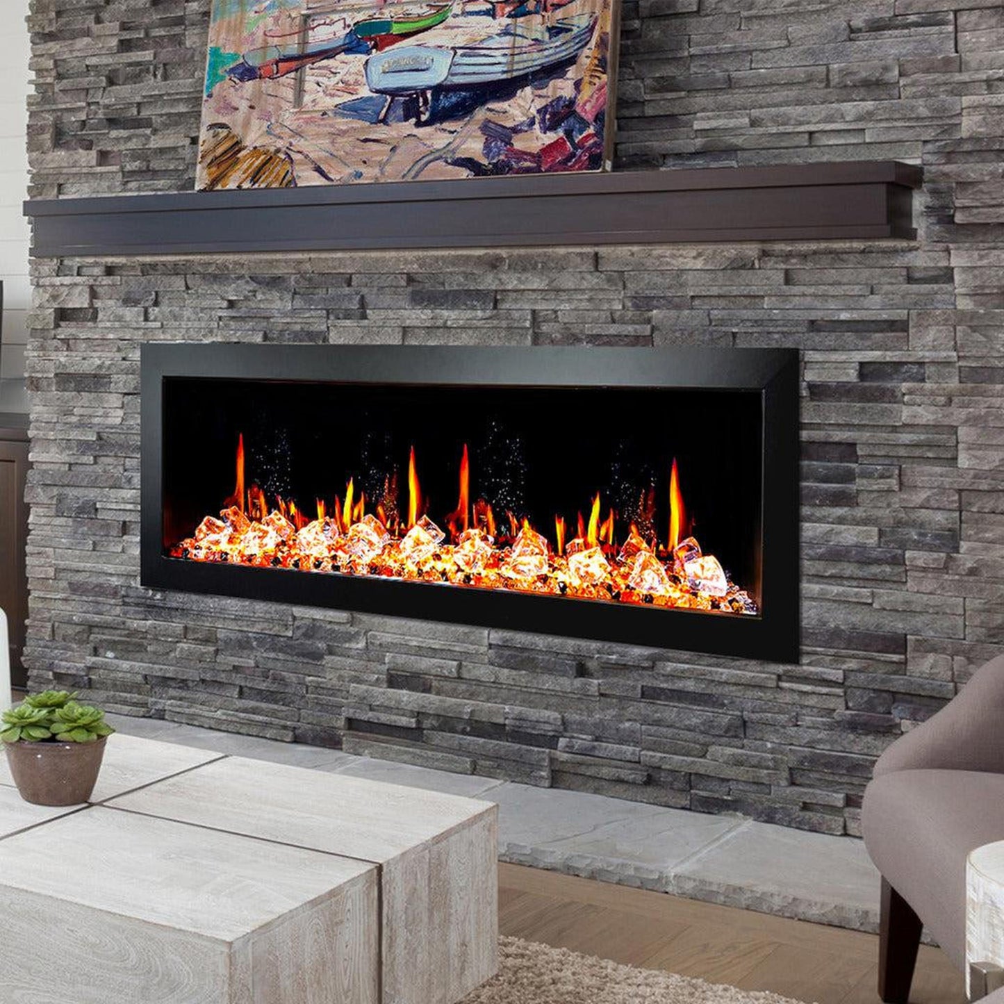 Litedeer Latitude II 58" Seamless Push-In Electric Fireplace with Acrylic Crushed Ice Rocks
