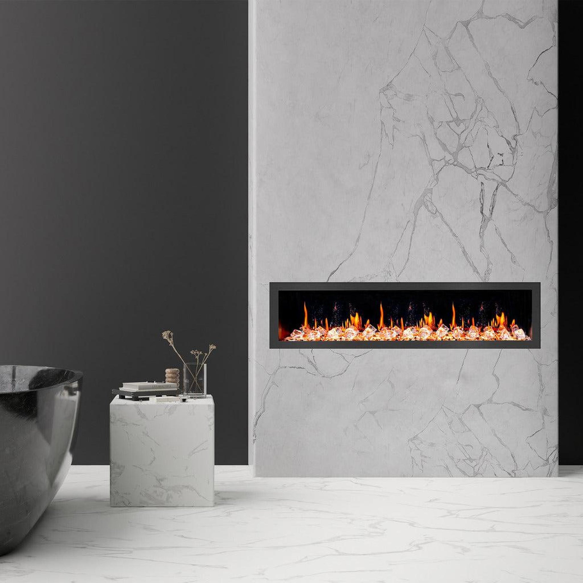 Litedeer Latitude II 78" Seamless Push-In Electric Fireplace with Acrylic Crushed Ice Rocks