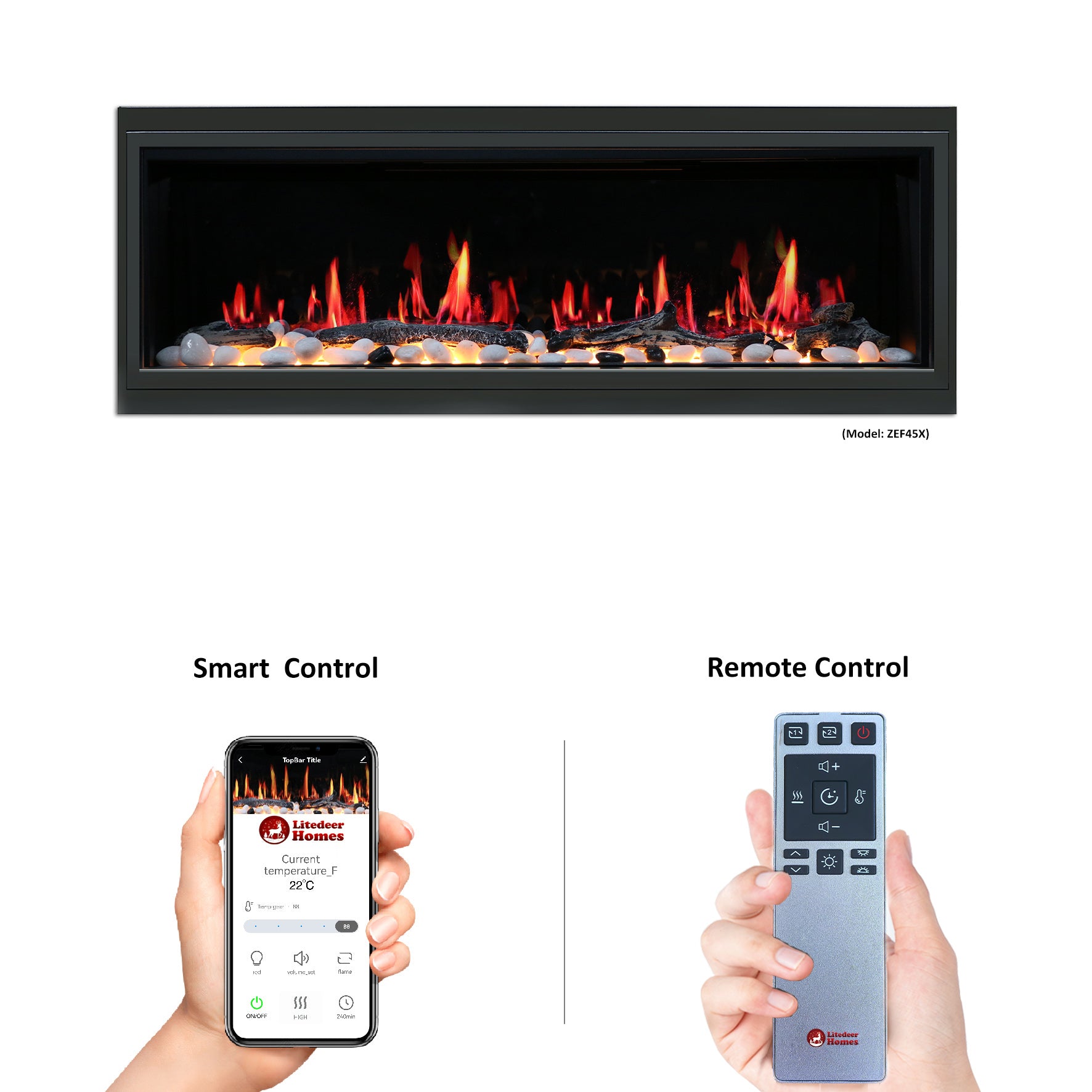 Litedeer Homes WarmCastle 72" Black 3-Side Smart Electric Fireplace With Amber Reflective Glass