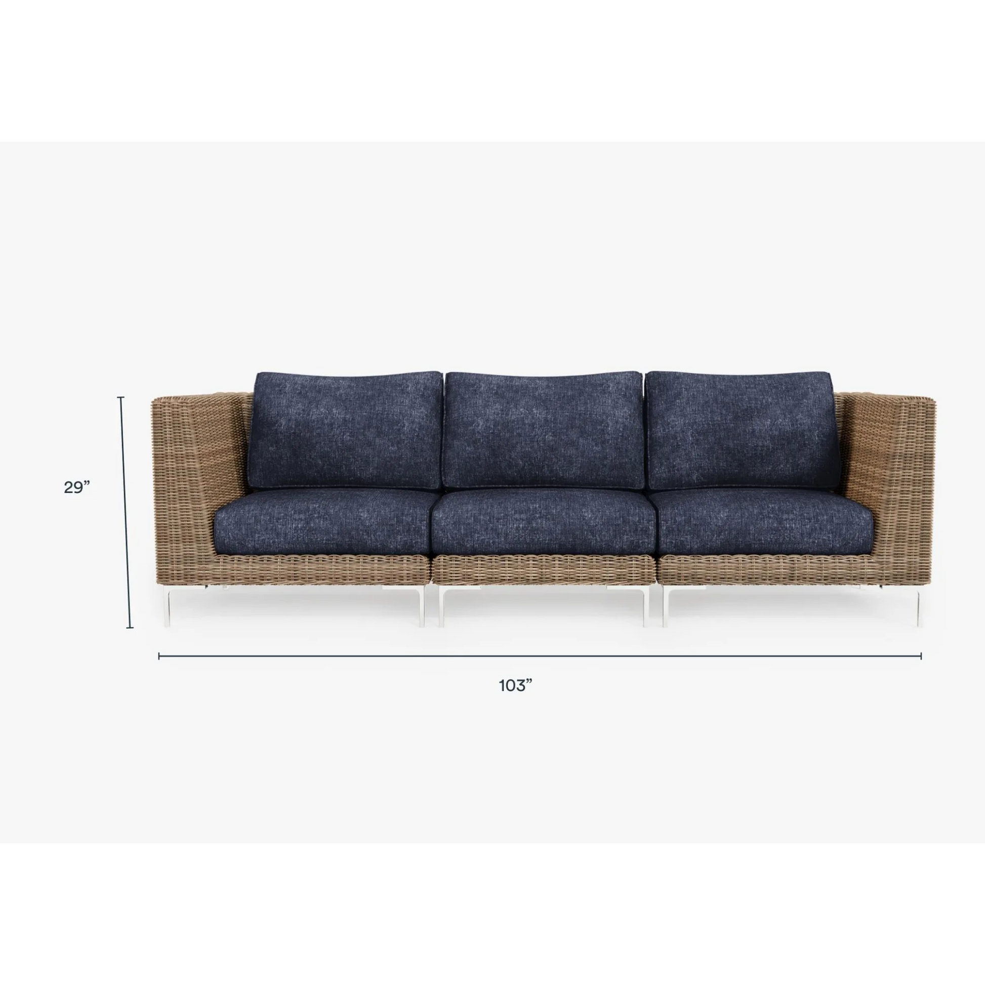 Live Outer 103" Brown Wicker Outdoor 3-Seat Sofa With Deep Sea Navy Cushion