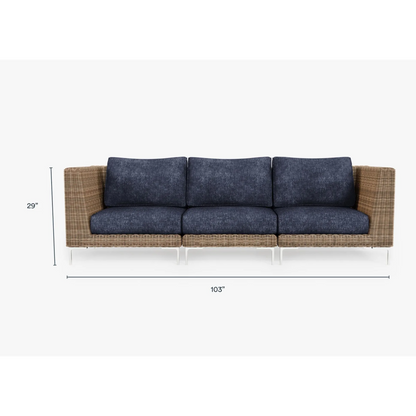 Live Outer 103" Brown Wicker Outdoor 3-Seat Sofa With Deep Sea Navy Cushion