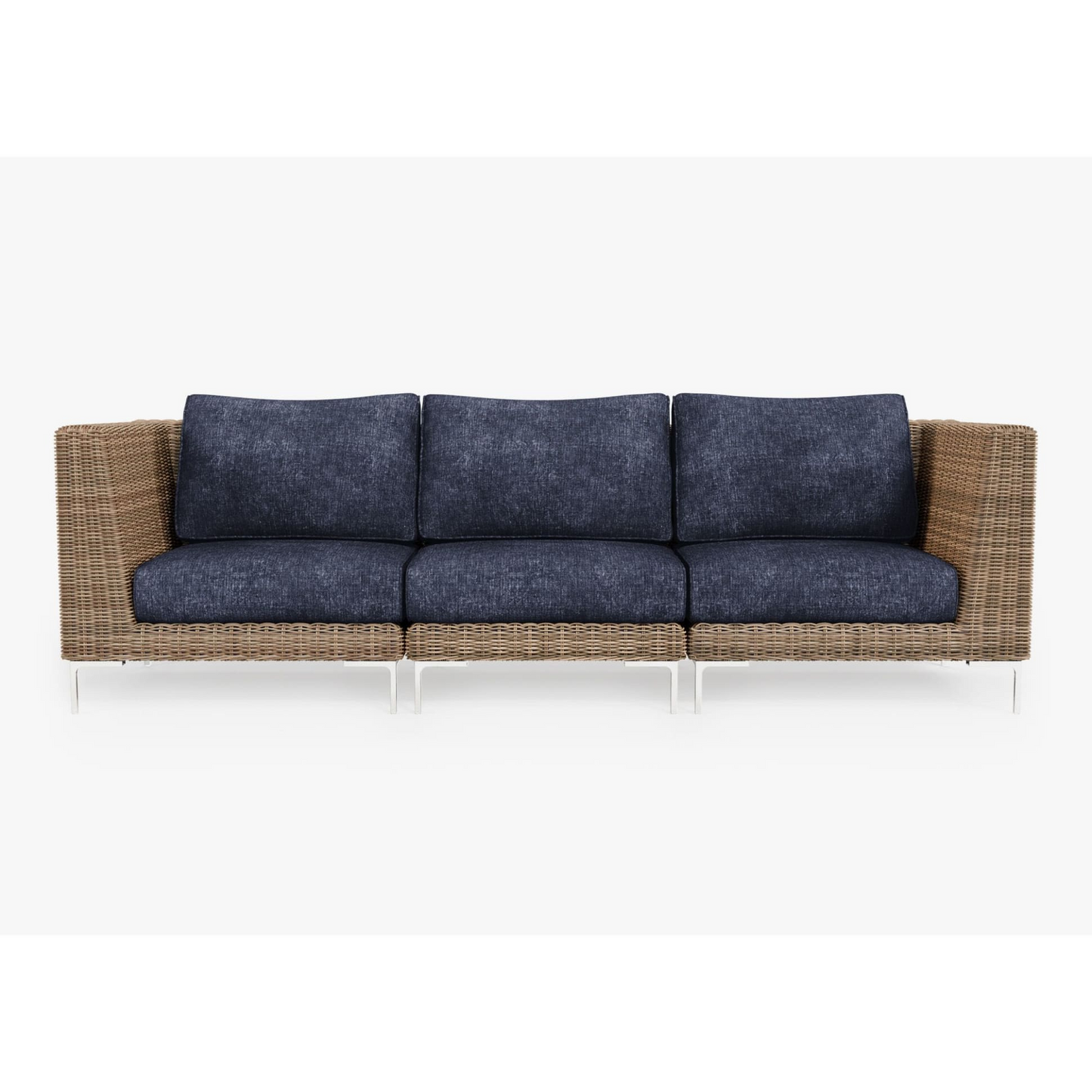 Live Outer 103" Brown Wicker Outdoor 3-Seat Sofa With Deep Sea Navy Cushion