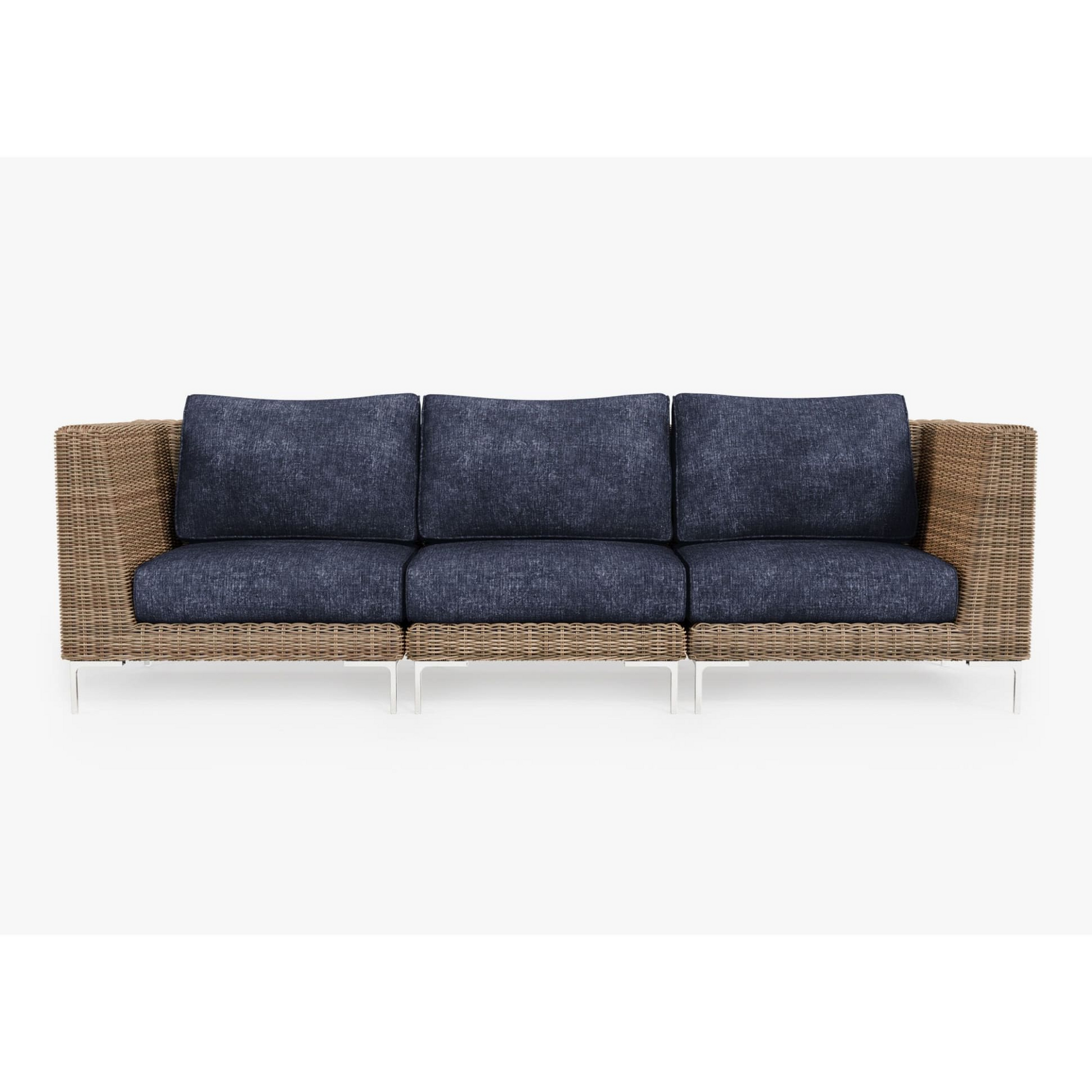 Live Outer 103" Brown Wicker Outdoor 3-Seat Sofa With Deep Sea Navy Cushion