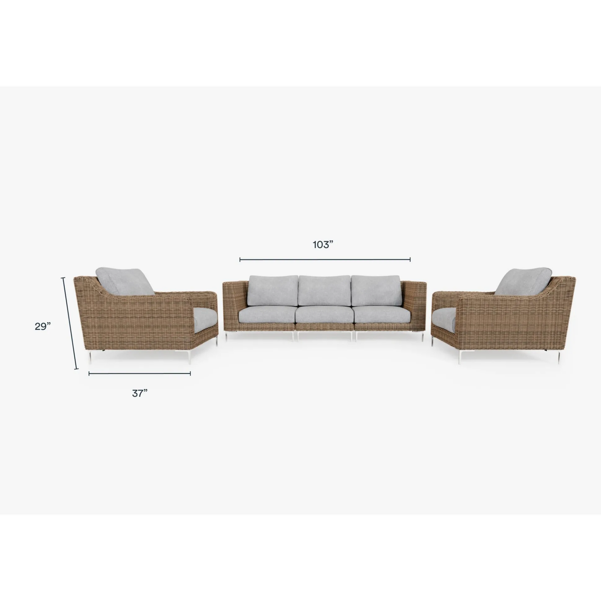 Live Outer 103" Brown Wicker Outdoor Sofa With Armchairs & Pacific Fog Gray Cushion (5-Seat)