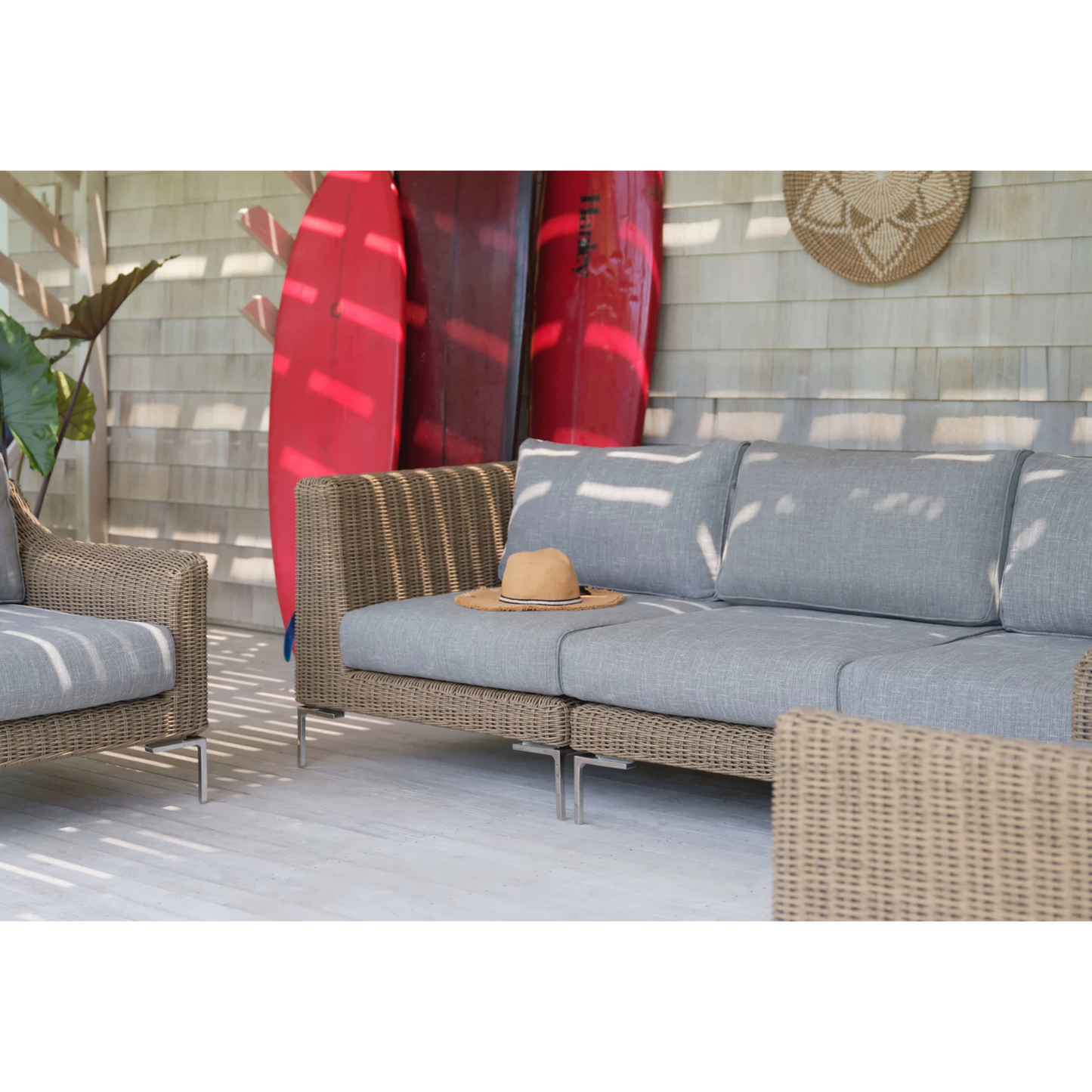 Live Outer 103" Brown Wicker Outdoor Sofa With Armchairs & Pacific Fog Gray Cushion (5-Seat)