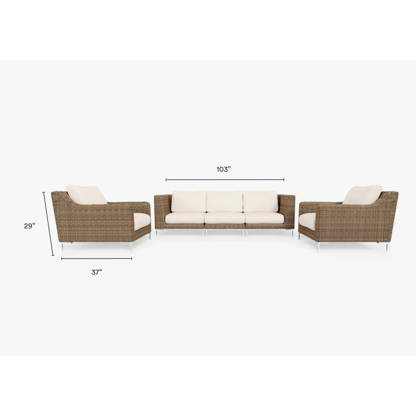 Live Outer 103" Brown Wicker Outdoor Sofa With Armchairs & Palisades Cream Cushion (5-Seat)