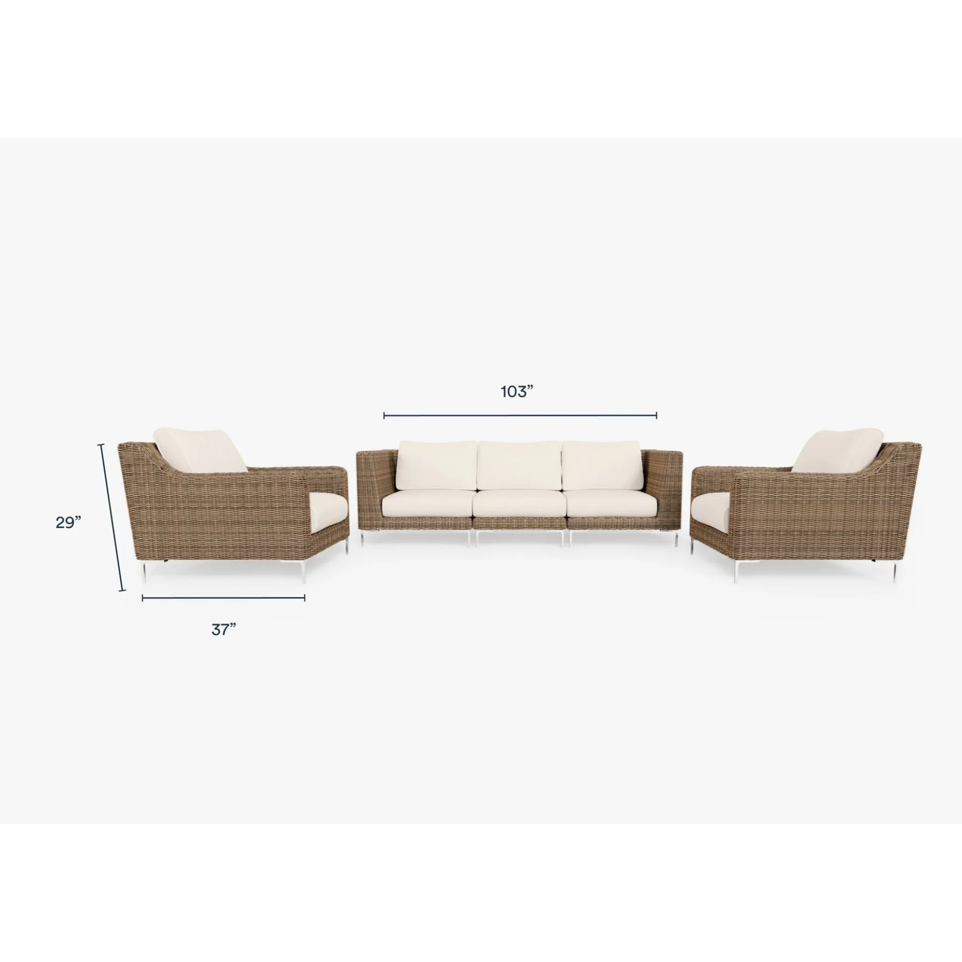 Live Outer 103" Brown Wicker Outdoor Sofa With Armchairs & Palisades Cream Cushion (5-Seat)