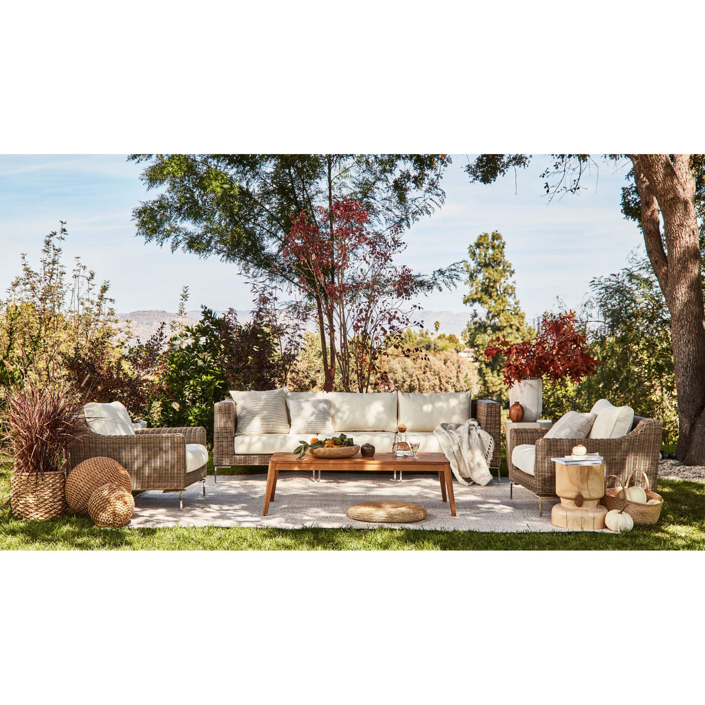 Live Outer 103" Brown Wicker Outdoor Sofa With Armchairs & Palisades Cream Cushion (5-Seat)