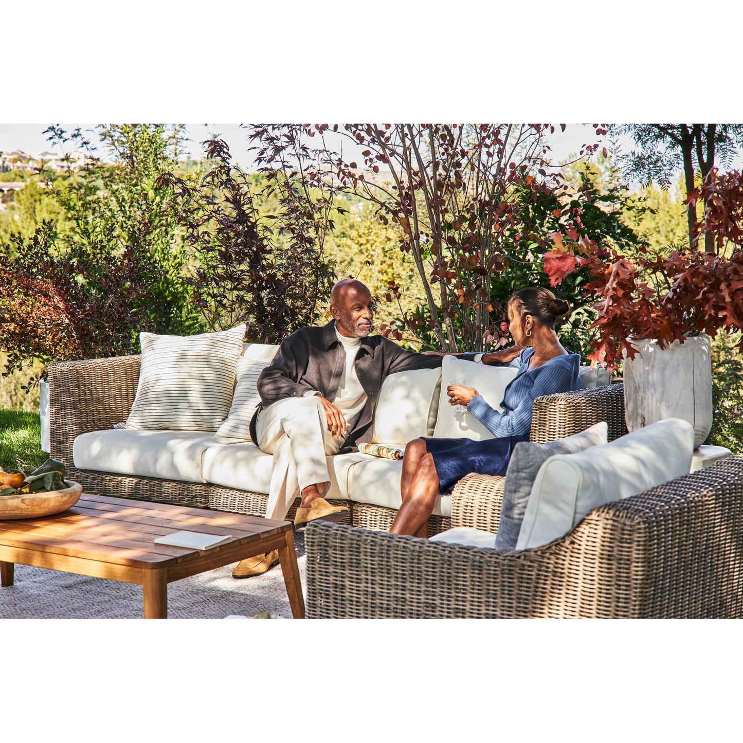 Live Outer 103" Brown Wicker Outdoor Sofa With Armchairs & Palisades Cream Cushion (5-Seat)
