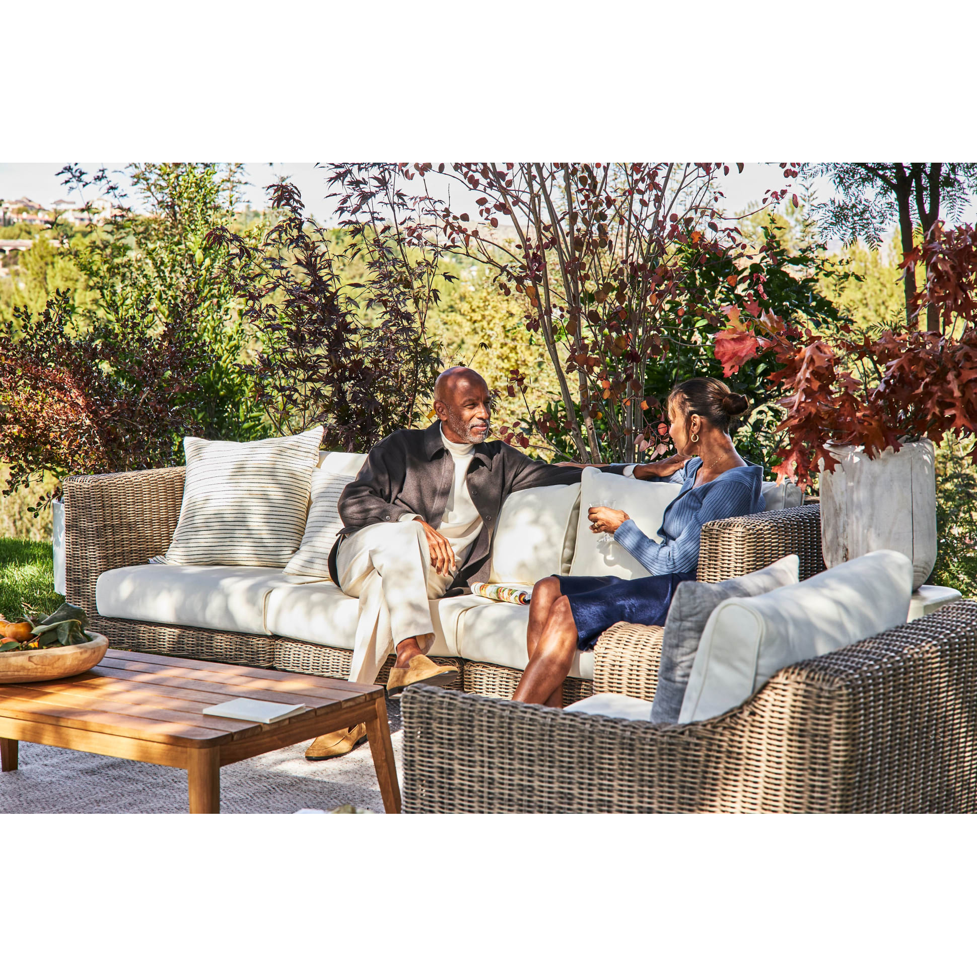 Live Outer 103" Brown Wicker Outdoor Sofa With Armchairs & Palisades Cream Cushion (5-Seat)