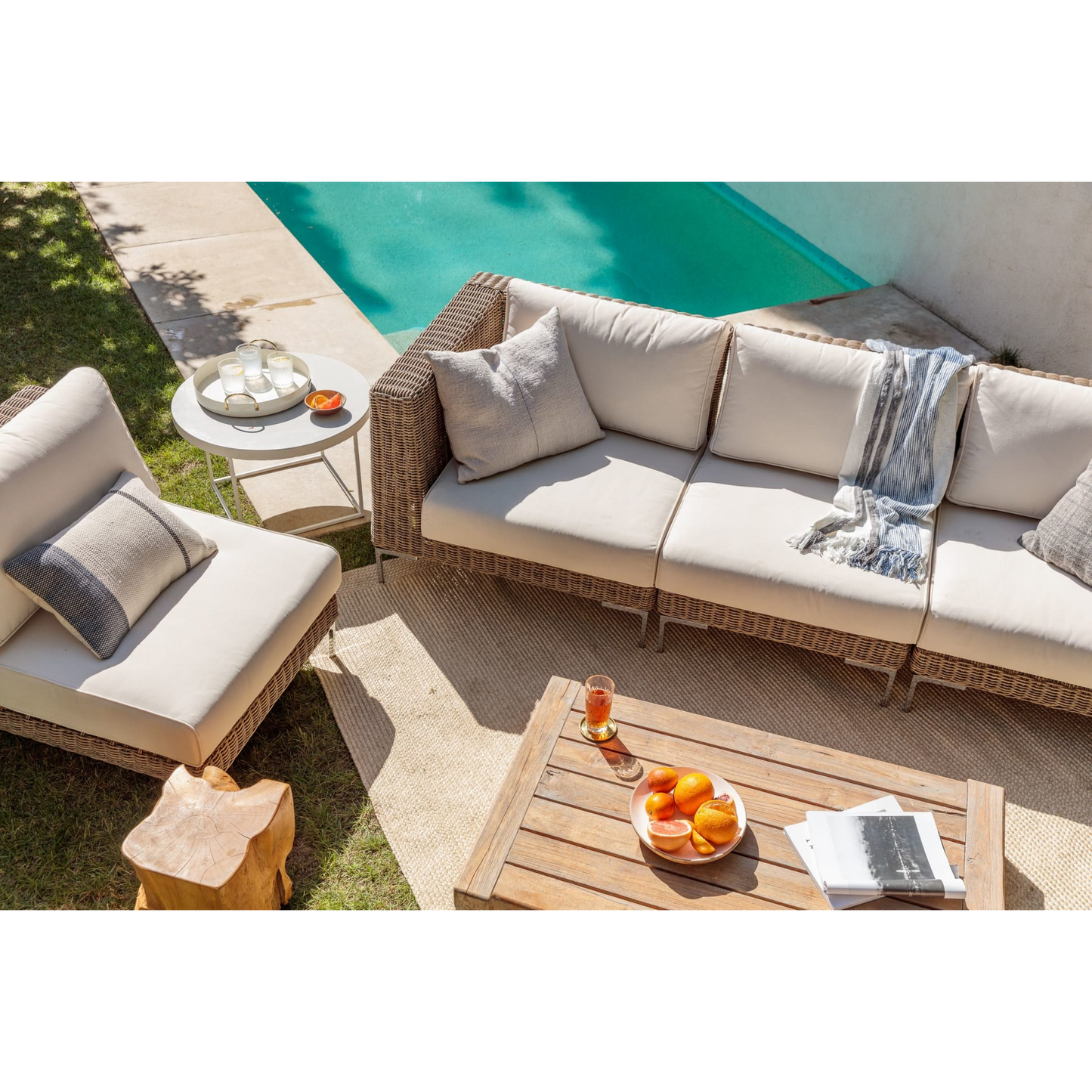 Live Outer 103" Brown Wicker Outdoor Sofa With Armchairs & Palisades Cream Cushion (5-Seat)