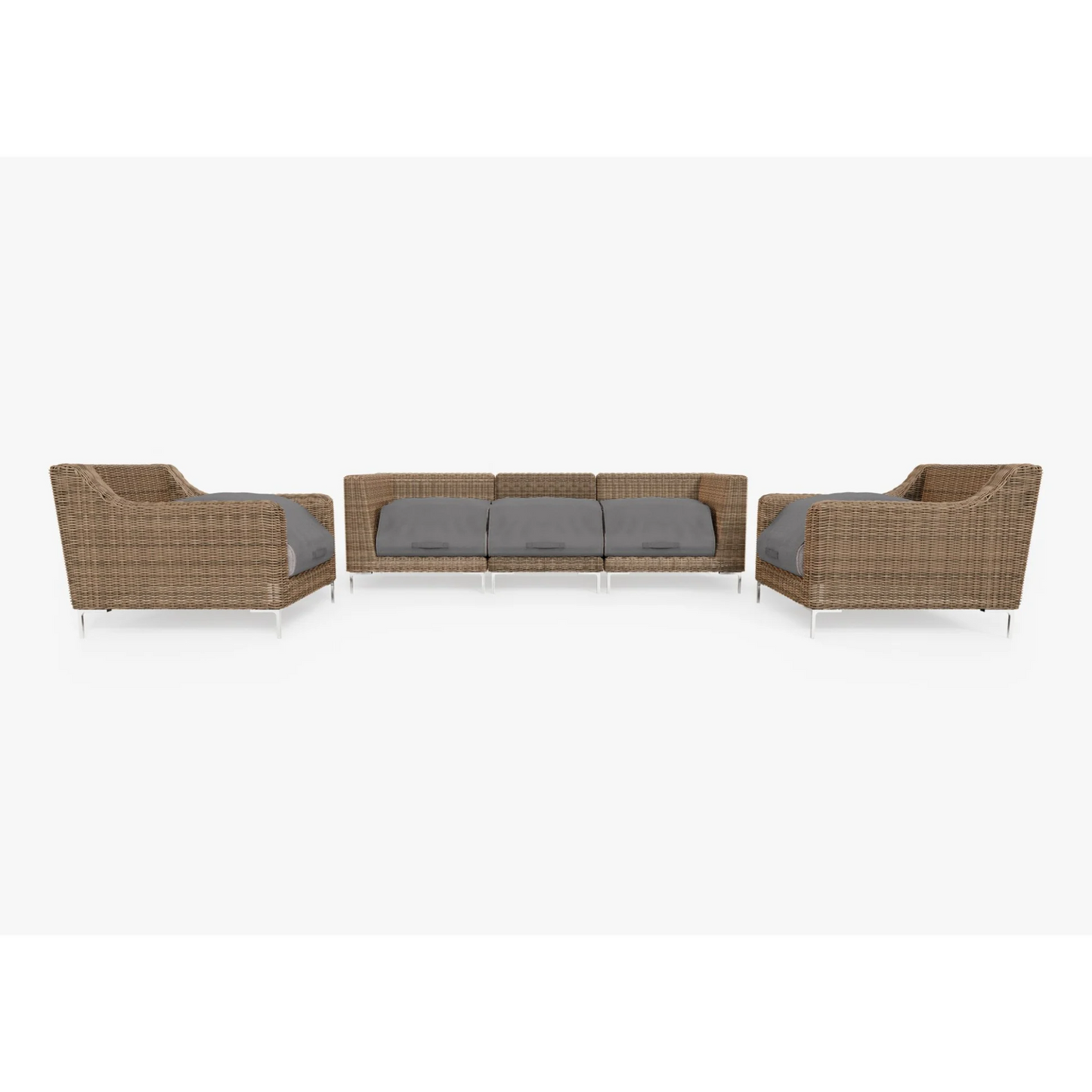 Live Outer 103" Brown Wicker Outdoor Sofa With Armchairs & Sandstone Gray Cushion (5-Seat)