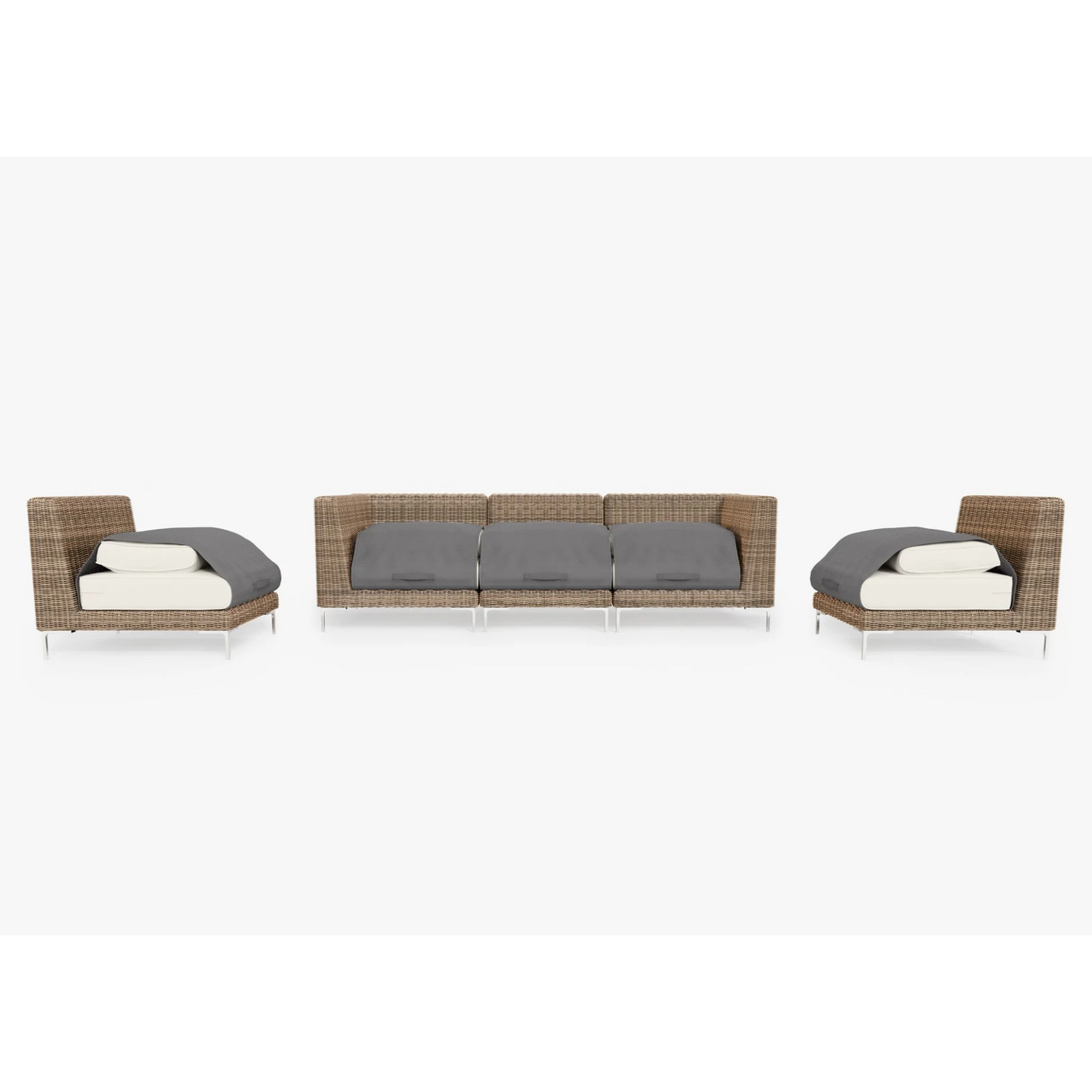 Live Outer 103" Brown Wicker Outdoor Sofa With Armless Chairs & Palisades Cream Cushion (5-Seat)