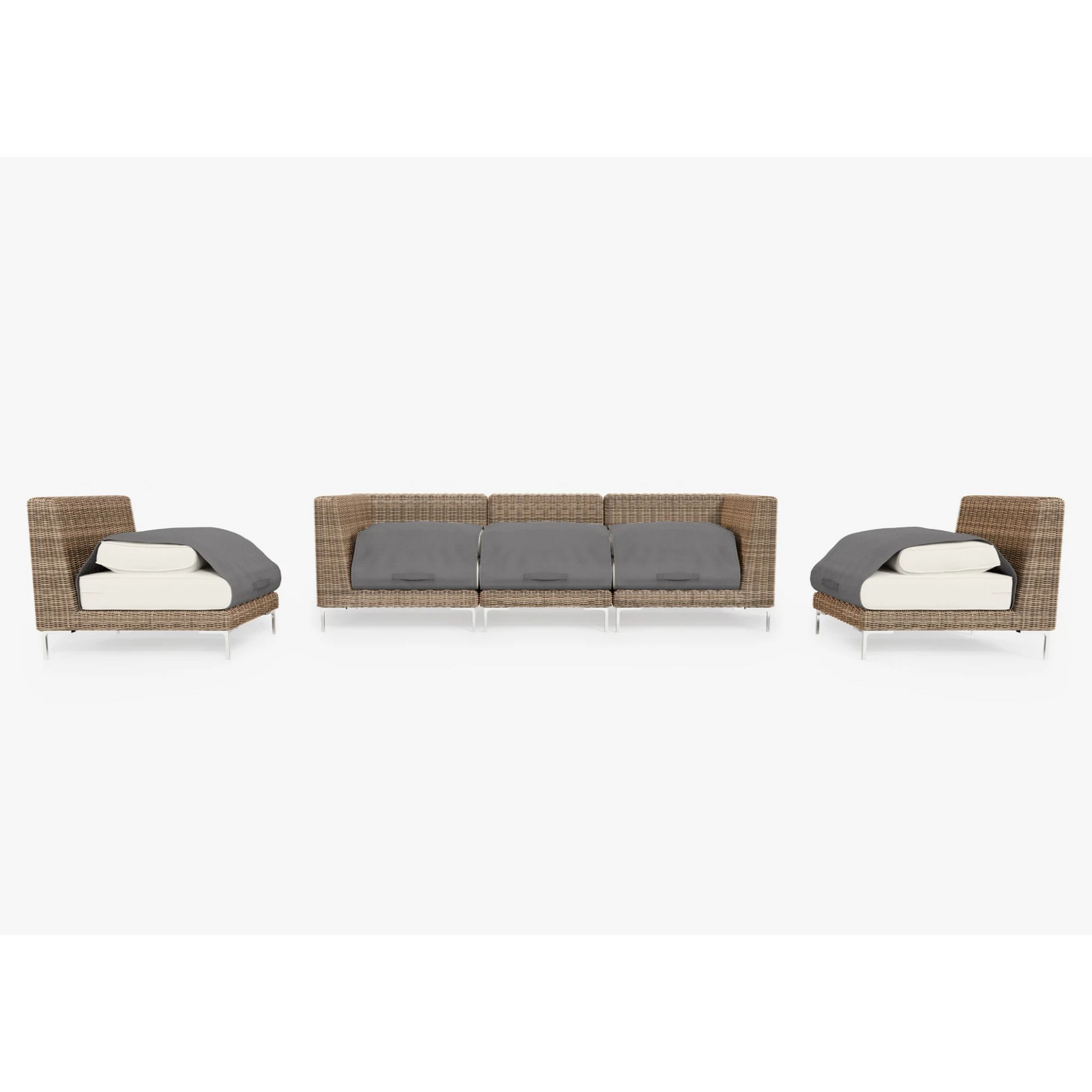 Live Outer 103" Brown Wicker Outdoor Sofa With Armless Chairs & Palisades Cream Cushion (5-Seat)