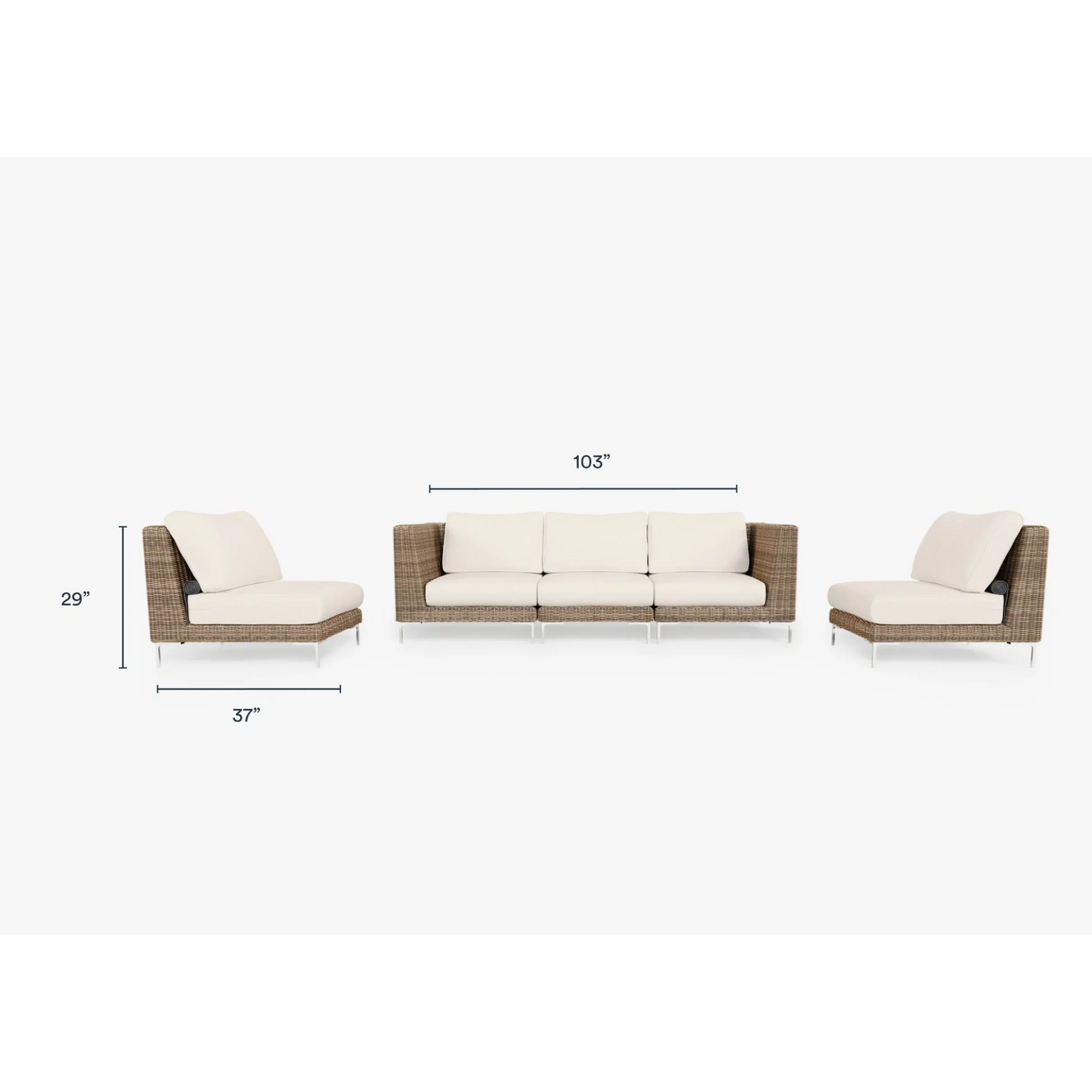 Live Outer 103" Brown Wicker Outdoor Sofa With Armless Chairs & Palisades Cream Cushion (5-Seat)