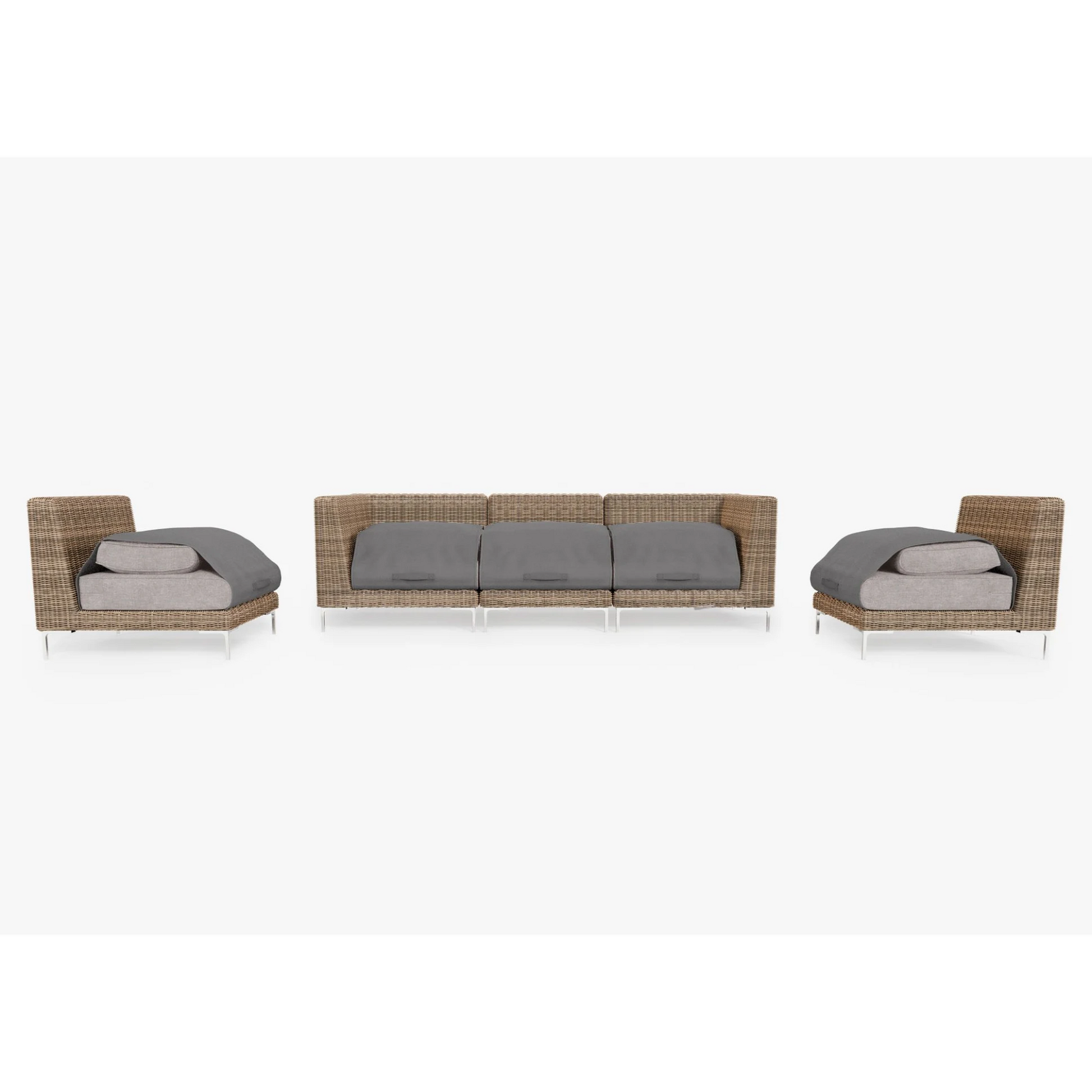 Live Outer 103" Brown Wicker Outdoor Sofa With Armless Chairs & Sandstone Gray Cushion (5-Seat)