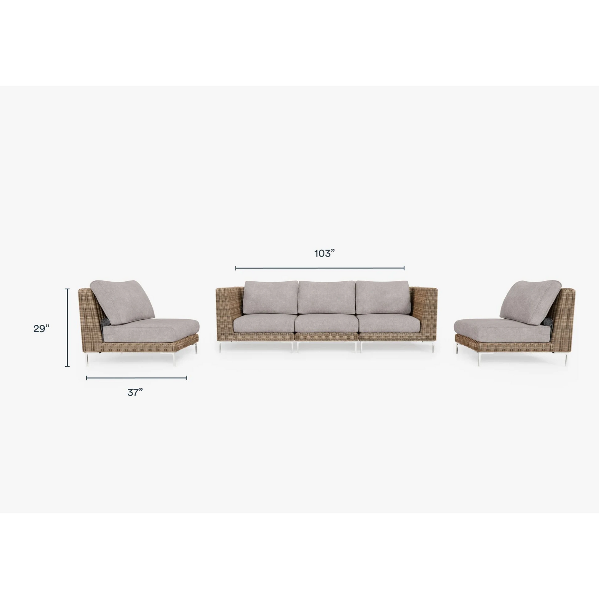 Live Outer 103" Brown Wicker Outdoor Sofa With Armless Chairs & Sandstone Gray Cushion (5-Seat)