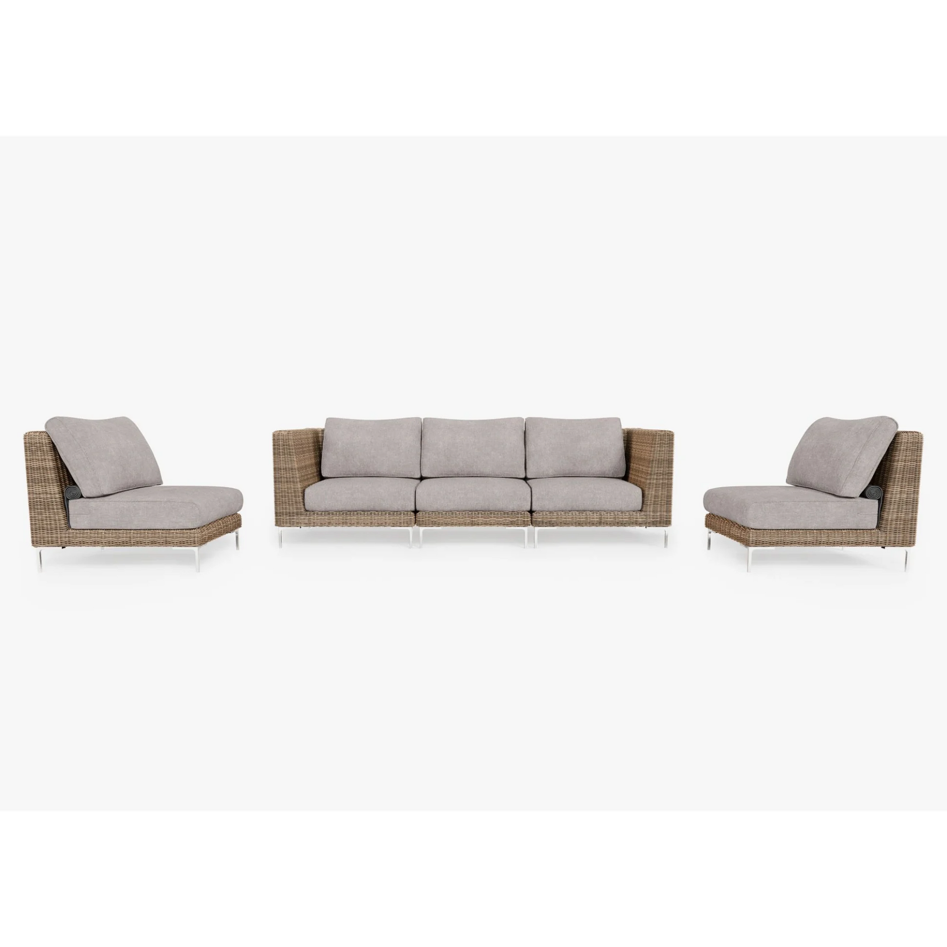 Live Outer 103" Brown Wicker Outdoor Sofa With Armless Chairs & Sandstone Gray Cushion (5-Seat)