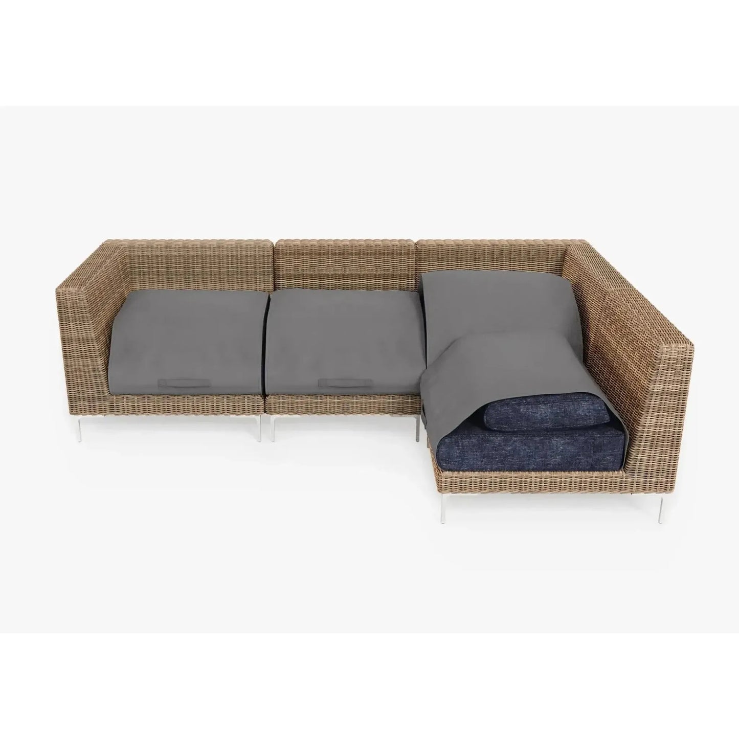 Live Outer 103" x 66" Brown Wicker Outdoor L Shape Sectional 4-Seat With Deep Sea Navy Cushion
