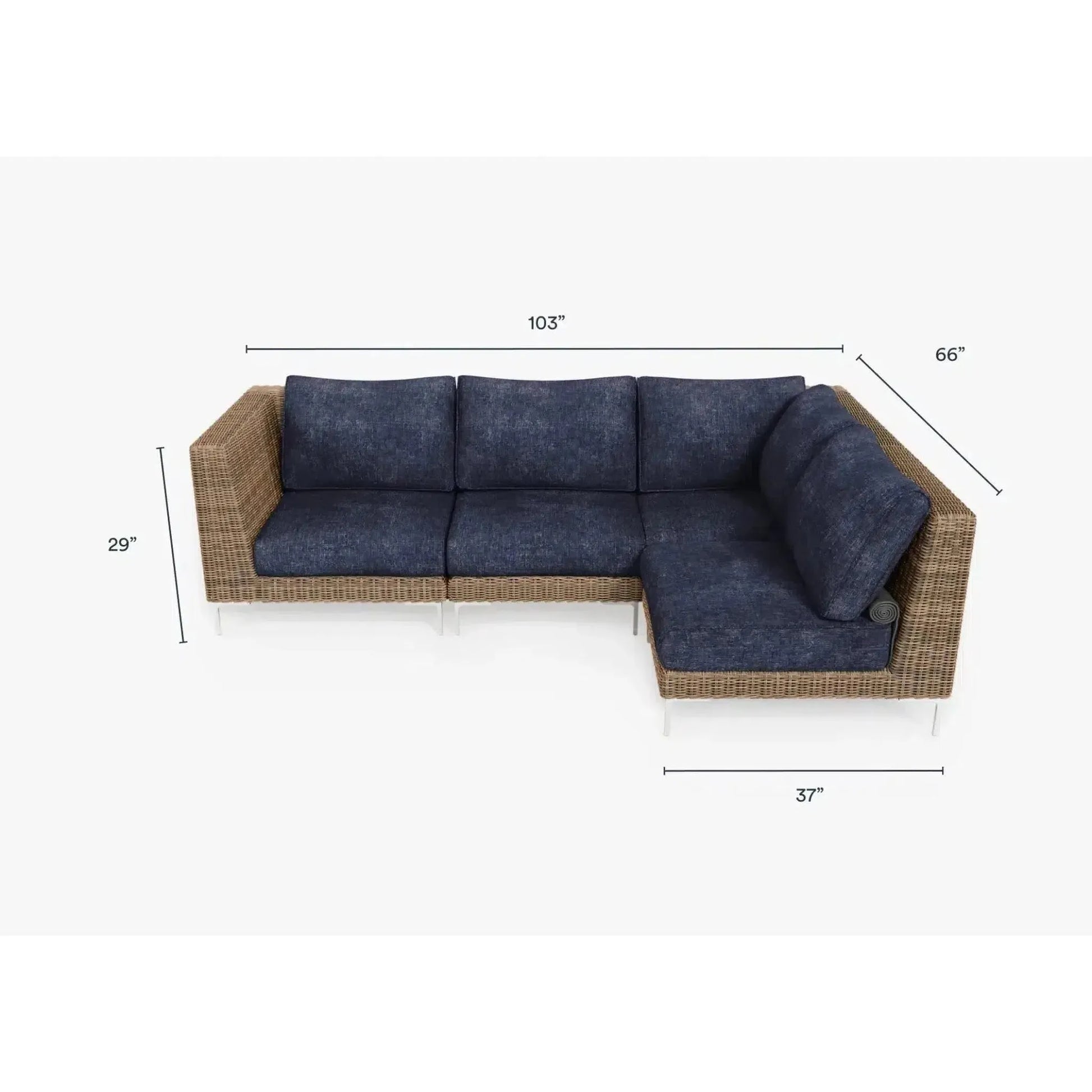 Live Outer 103" x 66" Brown Wicker Outdoor L Shape Sectional 4-Seat With Deep Sea Navy Cushion