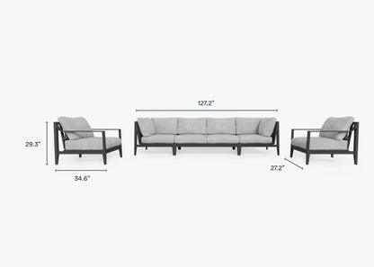 Live Outer 127" Charcoal Aluminum Outdoor Sofa With Armchairs and Pacific Fog Gray Cushion (6-Seat)