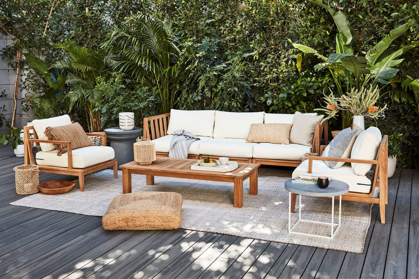 Live Outer 127" Teak Outdoor Sofa With Armchairs and Palisades Cream Cushion (6-Seat)