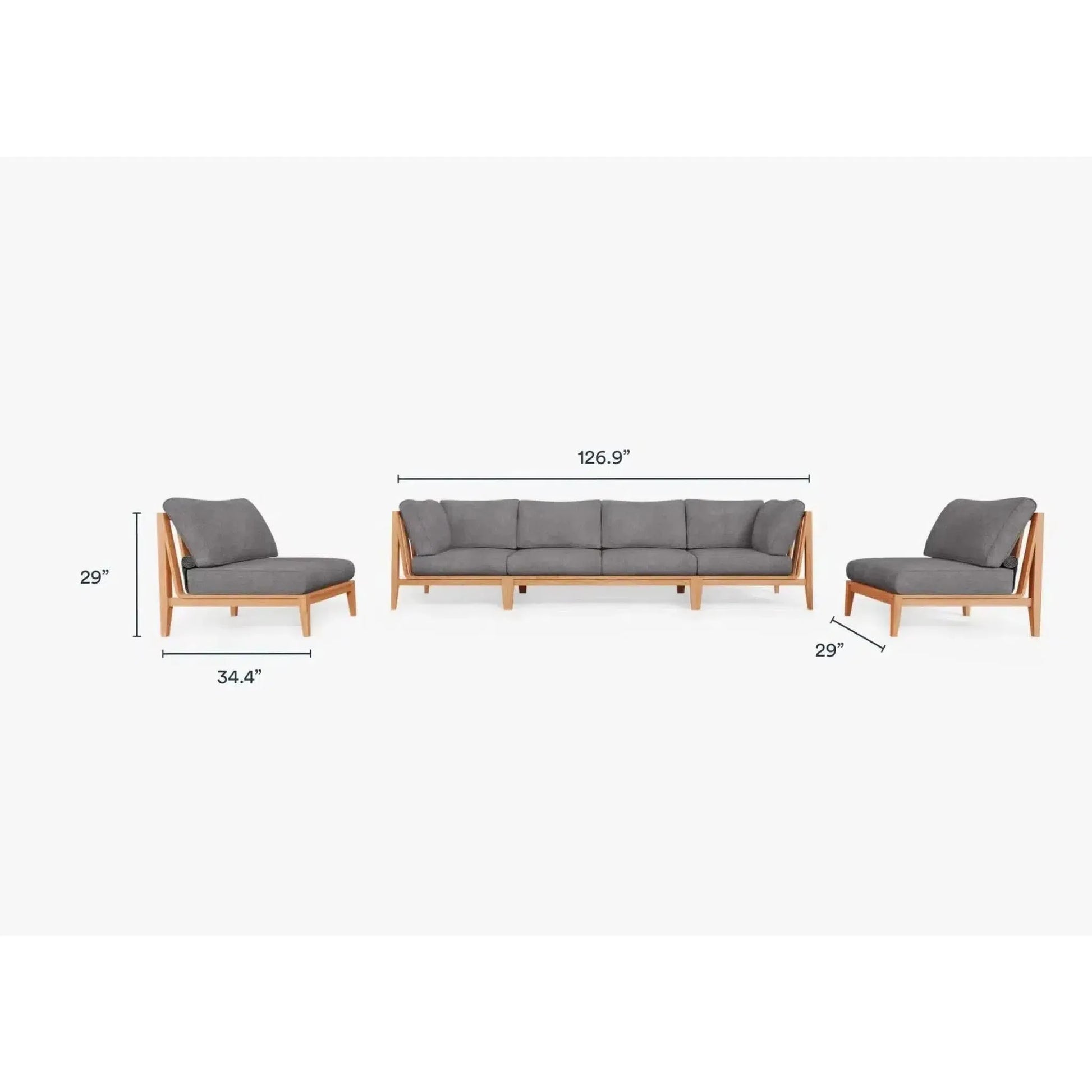 Live Outer 127" Teak Outdoor Sofa With Armless Chairs and Dark Pebble Gray Cushion (6-Seat)