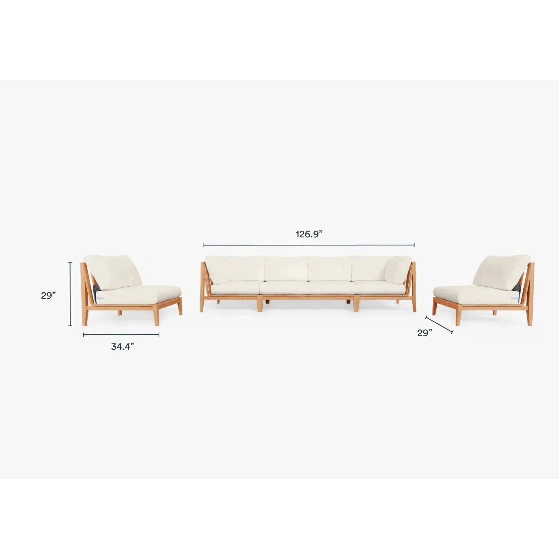 Live Outer 127 Teak Outdoor Sofa With Armless Chairs and Palisades Cream Cushion 6 Seat