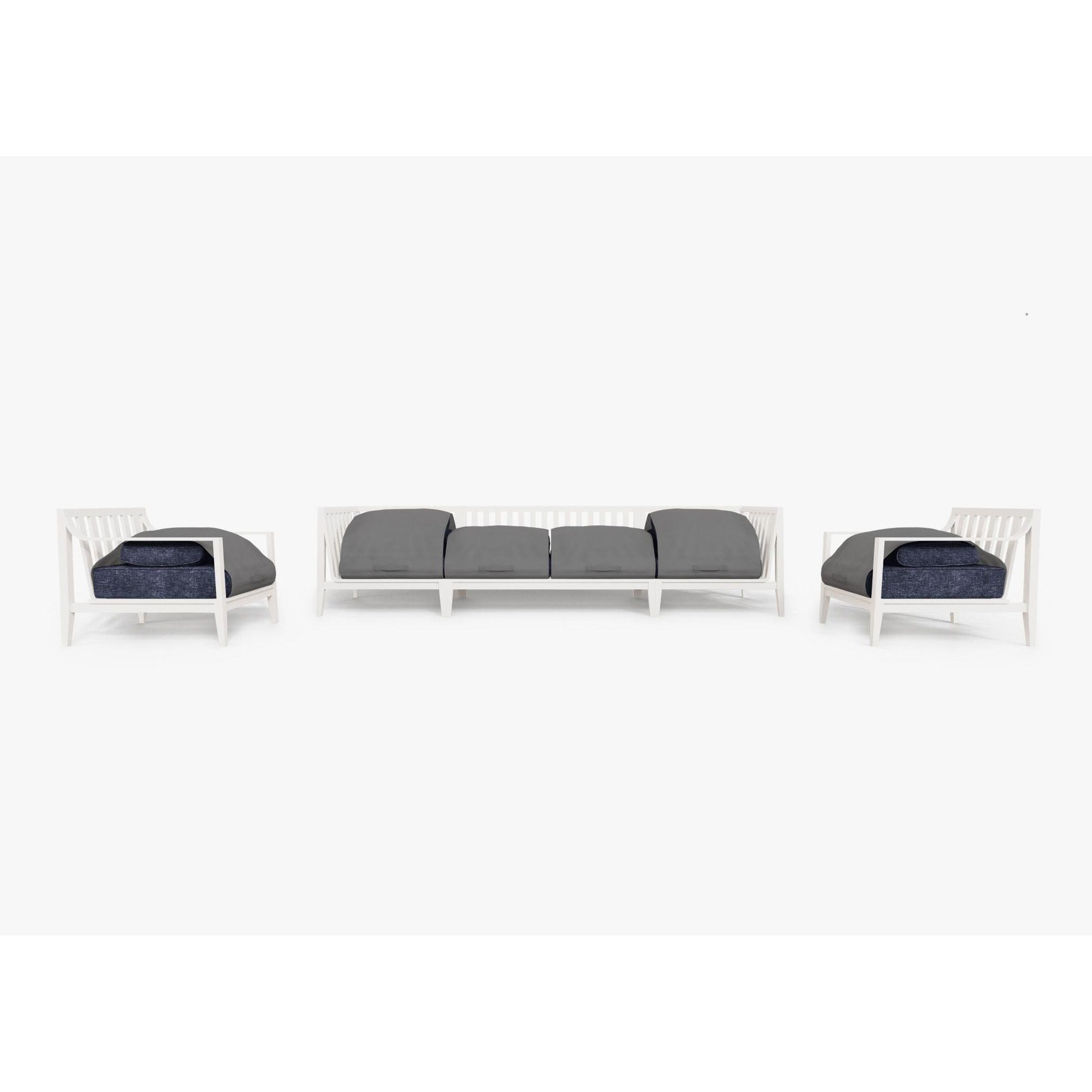 Live Outer 127" White Aluminum Outdoor Sofa With Armchairs and Deep Sea Navy Cushion (6-Seat)
