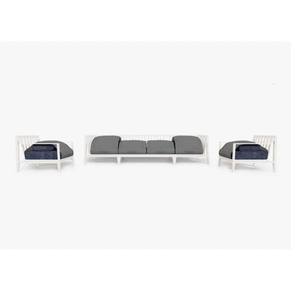 Live Outer 127" White Aluminum Outdoor Sofa With Armchairs and Deep Sea Navy Cushion (6-Seat)