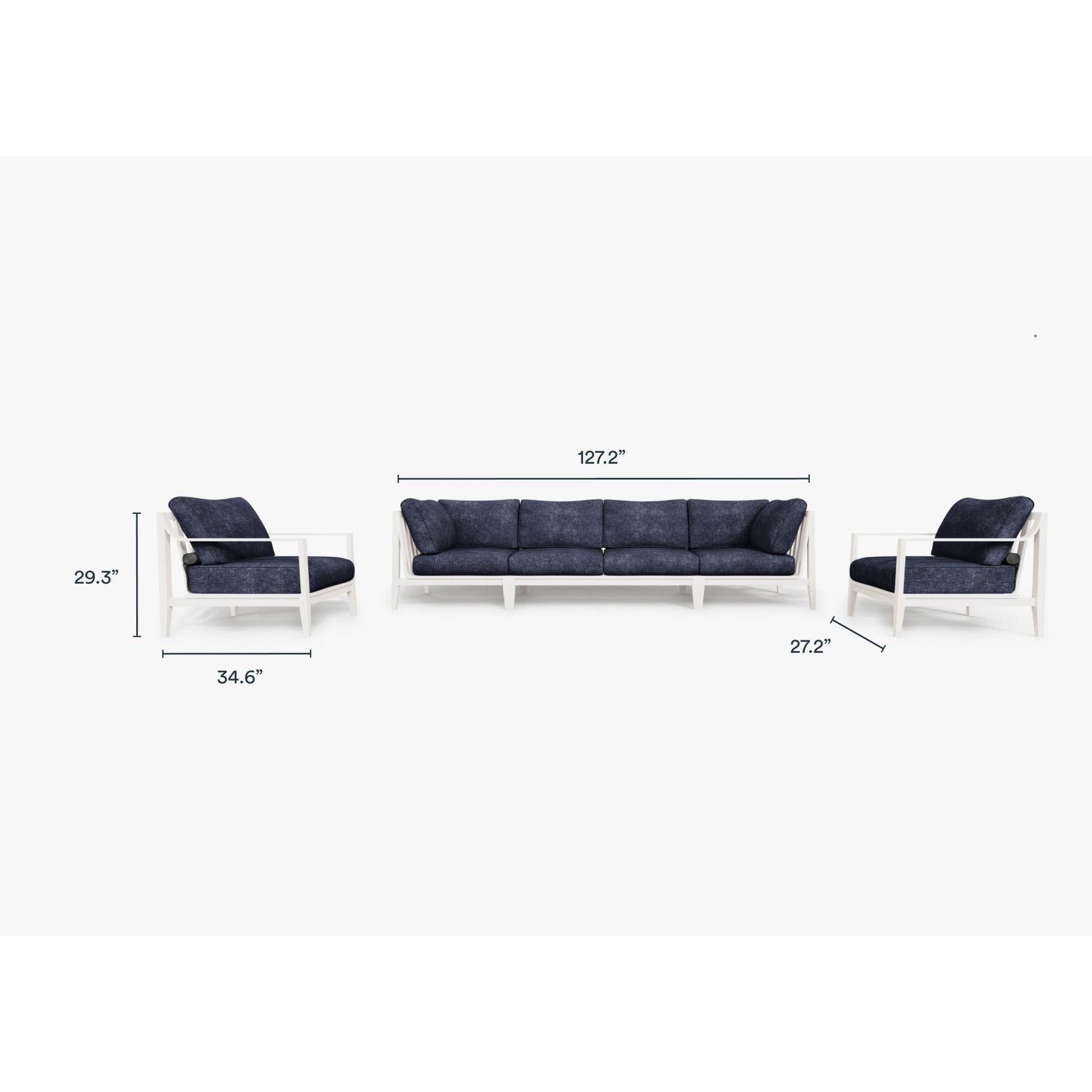 Live Outer 127" White Aluminum Outdoor Sofa With Armchairs and Deep Sea Navy Cushion (6-Seat)