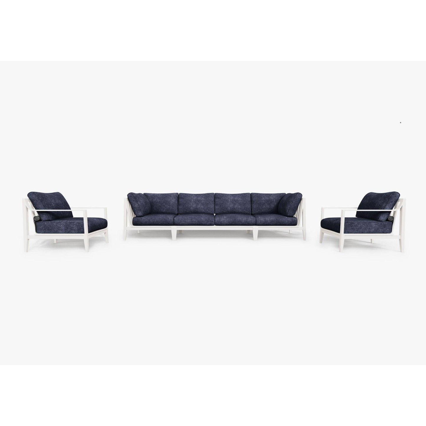 Live Outer 127" White Aluminum Outdoor Sofa With Armchairs and Deep Sea Navy Cushion (6-Seat)