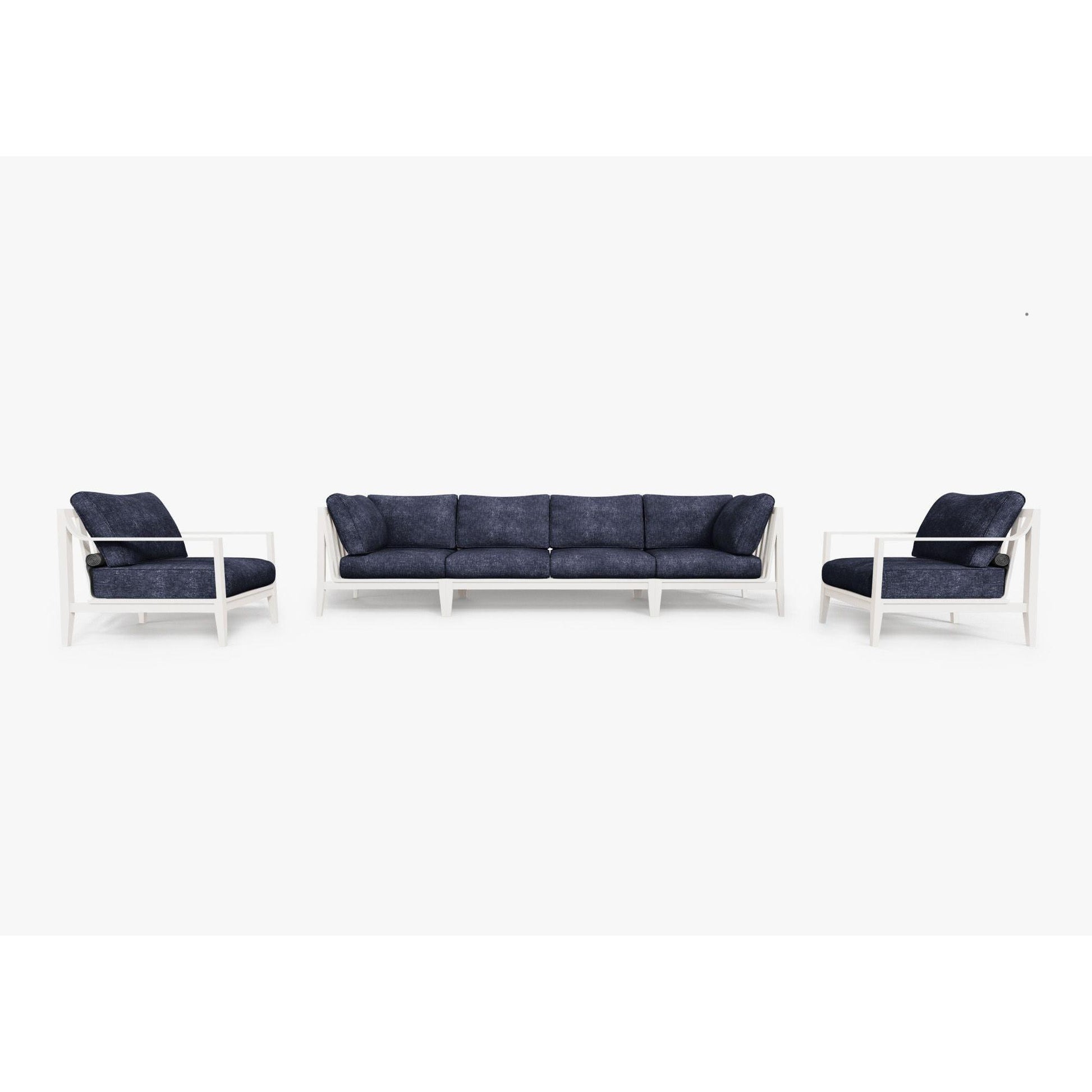 Live Outer 127" White Aluminum Outdoor Sofa With Armchairs and Deep Sea Navy Cushion (6-Seat)