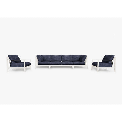 Live Outer 127" White Aluminum Outdoor Sofa With Armchairs and Deep Sea Navy Cushion (6-Seat)