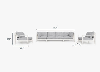 Live Outer 127" White Aluminum Outdoor Sofa With Armchairs and Pacific Fog Gray Cushion (6-Seat)