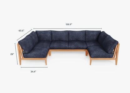 Live Outer 127" x 64" Teak Outdoor U Shape Sectional 6-Seat With Deep Sea Navy Cushion