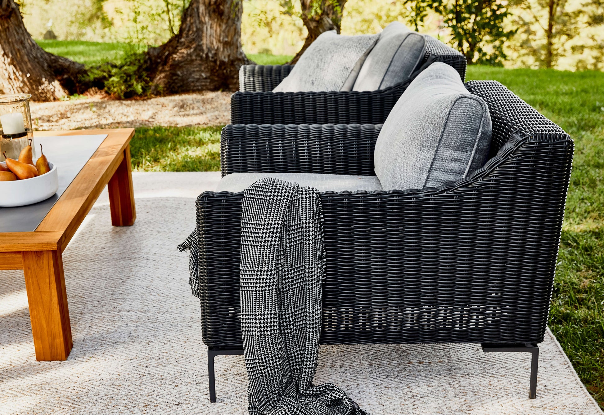 Live Outer 132" Black Wicker Outdoor Sofa With Armless Chairs & Pacific Fog Gray Cushion (6-Seat)