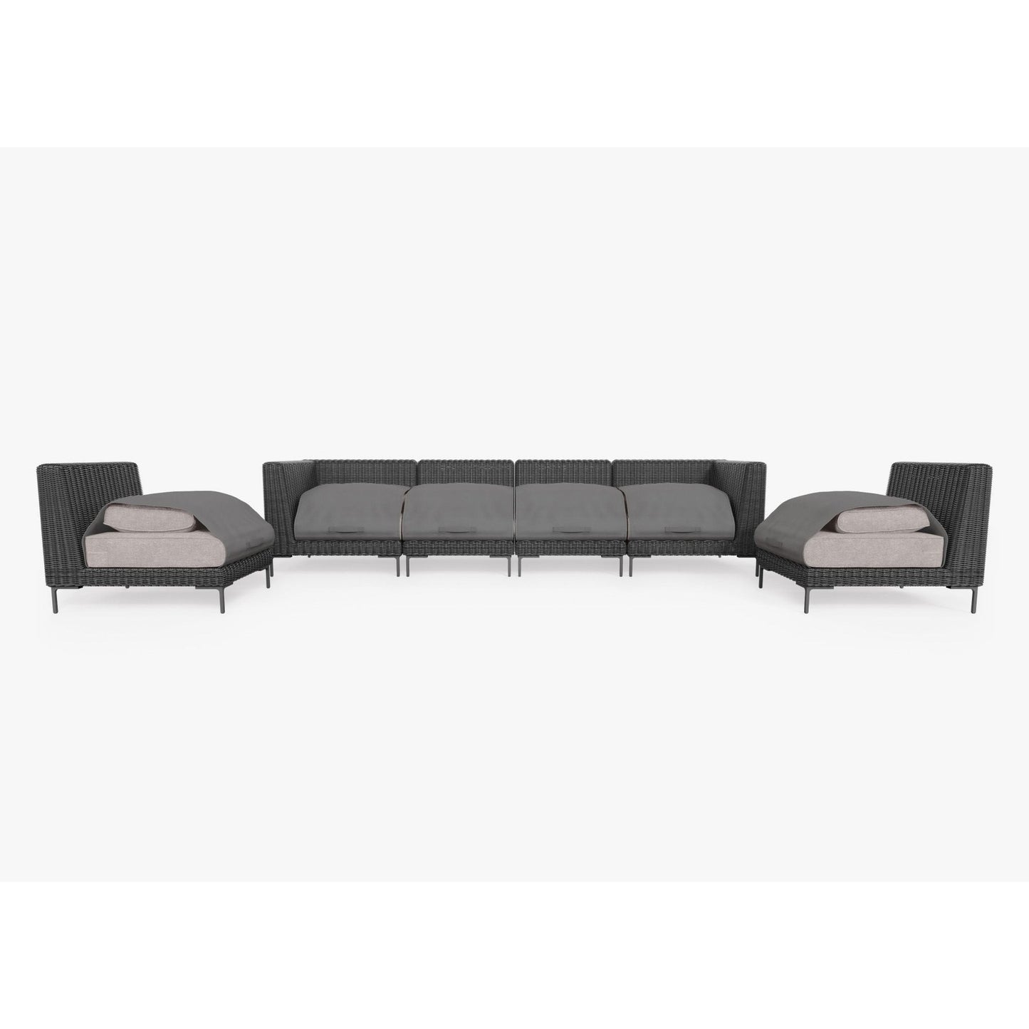 Live Outer 132" Black Wicker Outdoor Sofa With Armless Chairs & Sandstone Gray Cushion (6-Seat)