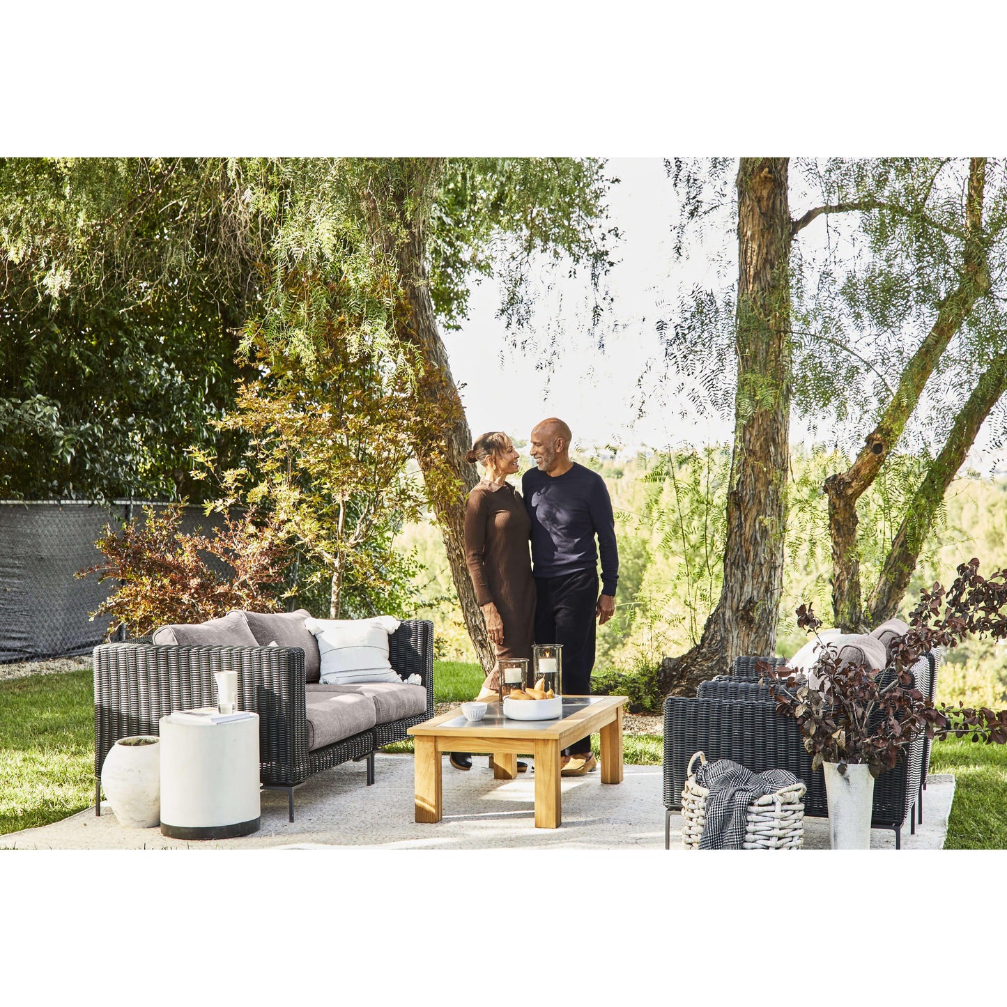 Live Outer 132" Black Wicker Outdoor Sofa With Armless Chairs & Sandstone Gray Cushion (6-Seat)