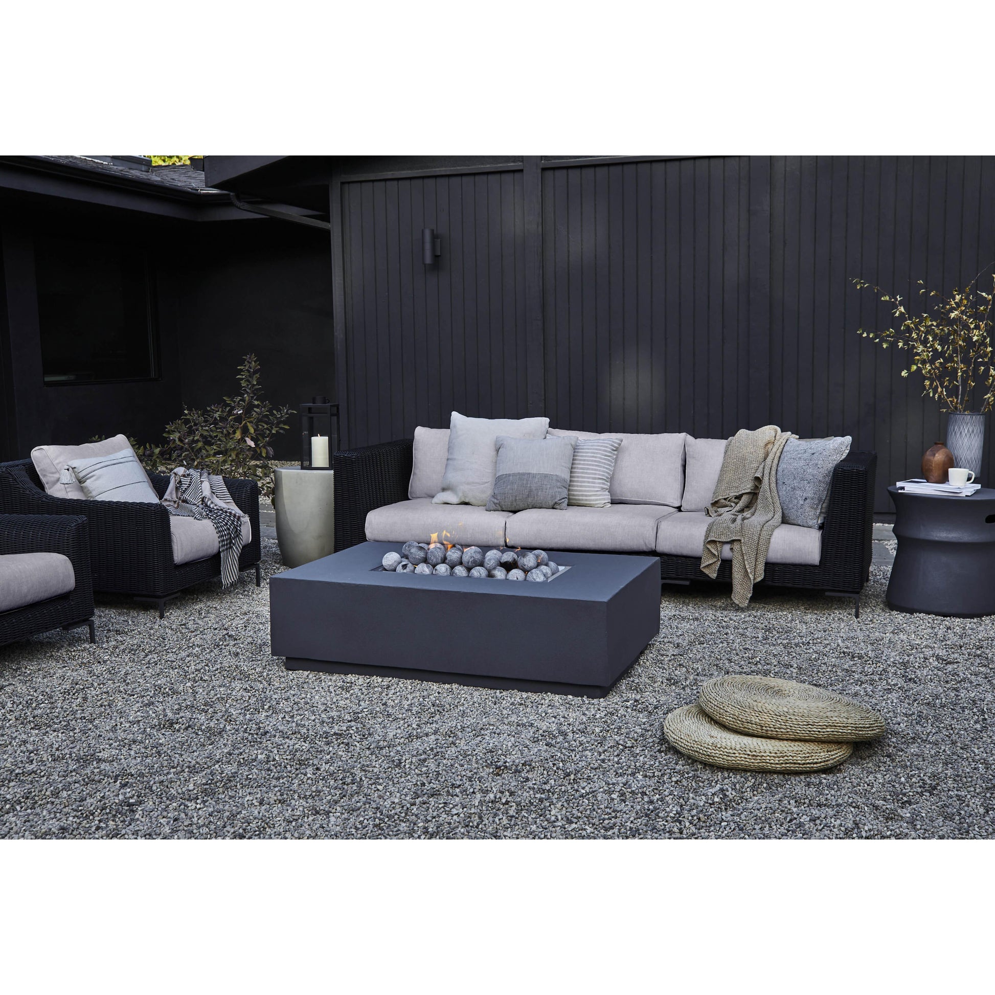 Live Outer 132" Black Wicker Outdoor Sofa With Armless Chairs & Sandstone Gray Cushion (6-Seat)
