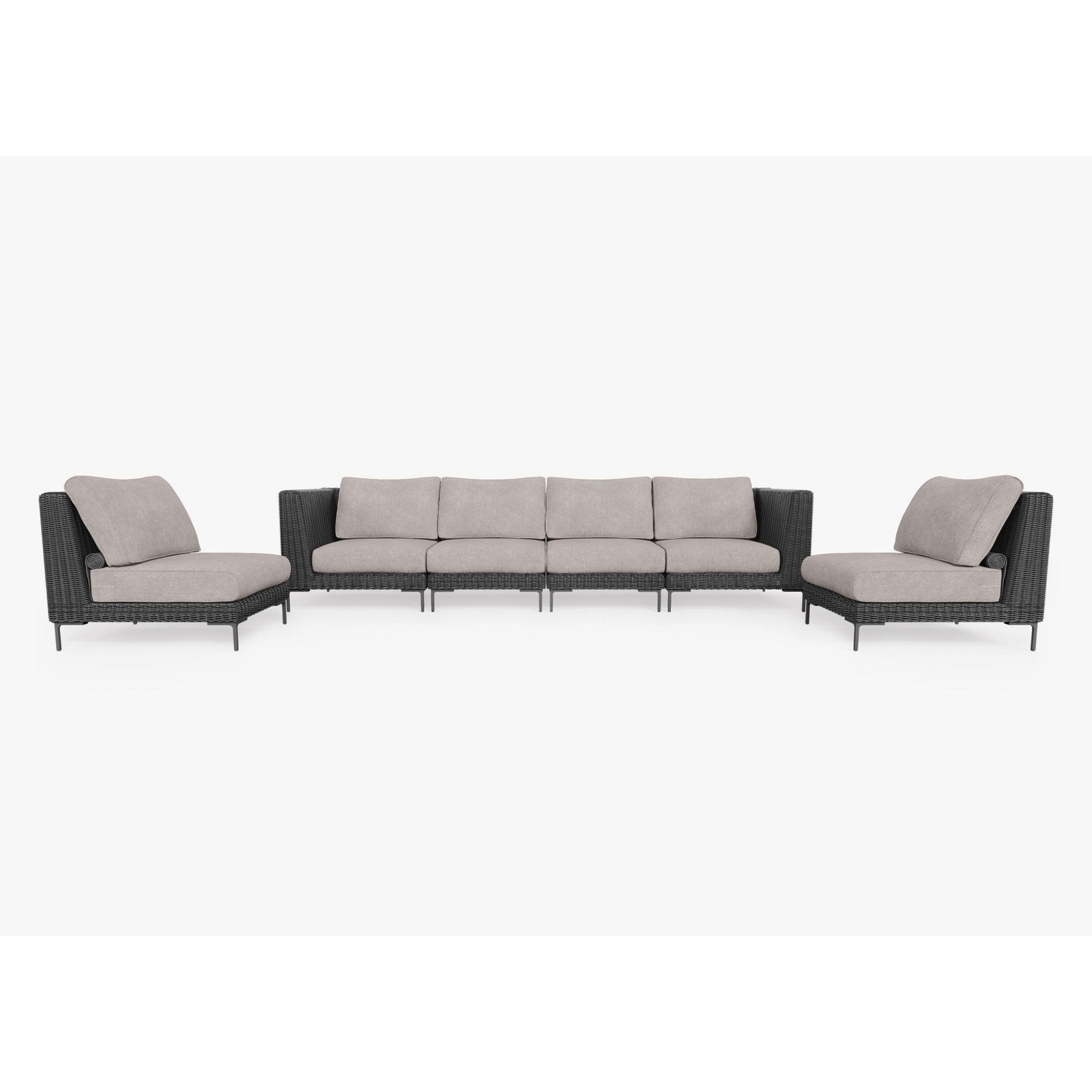 Live Outer 132" Black Wicker Outdoor Sofa With Armless Chairs & Sandstone Gray Cushion (6-Seat)
