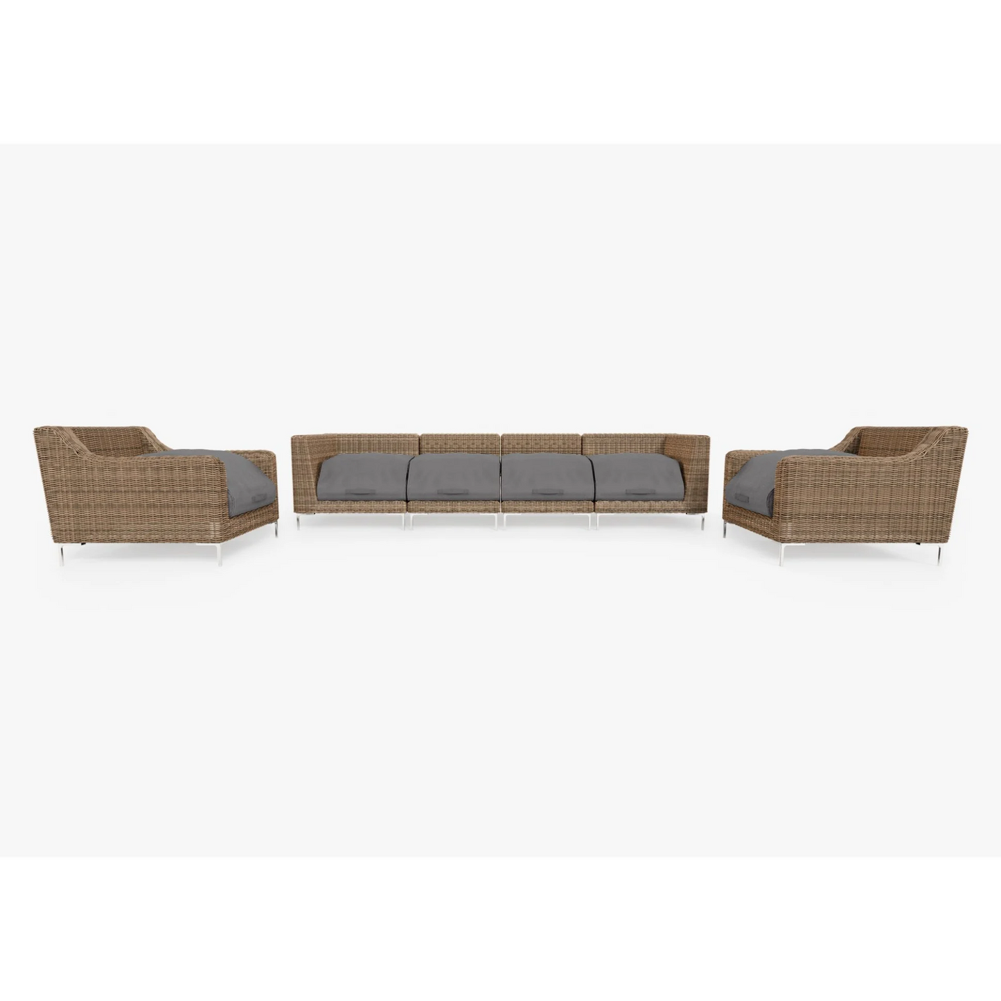 Live Outer 132" Brown Wicker Outdoor Sofa With Armchairs & Dark Pebble Gray Cushion (6-Seat)