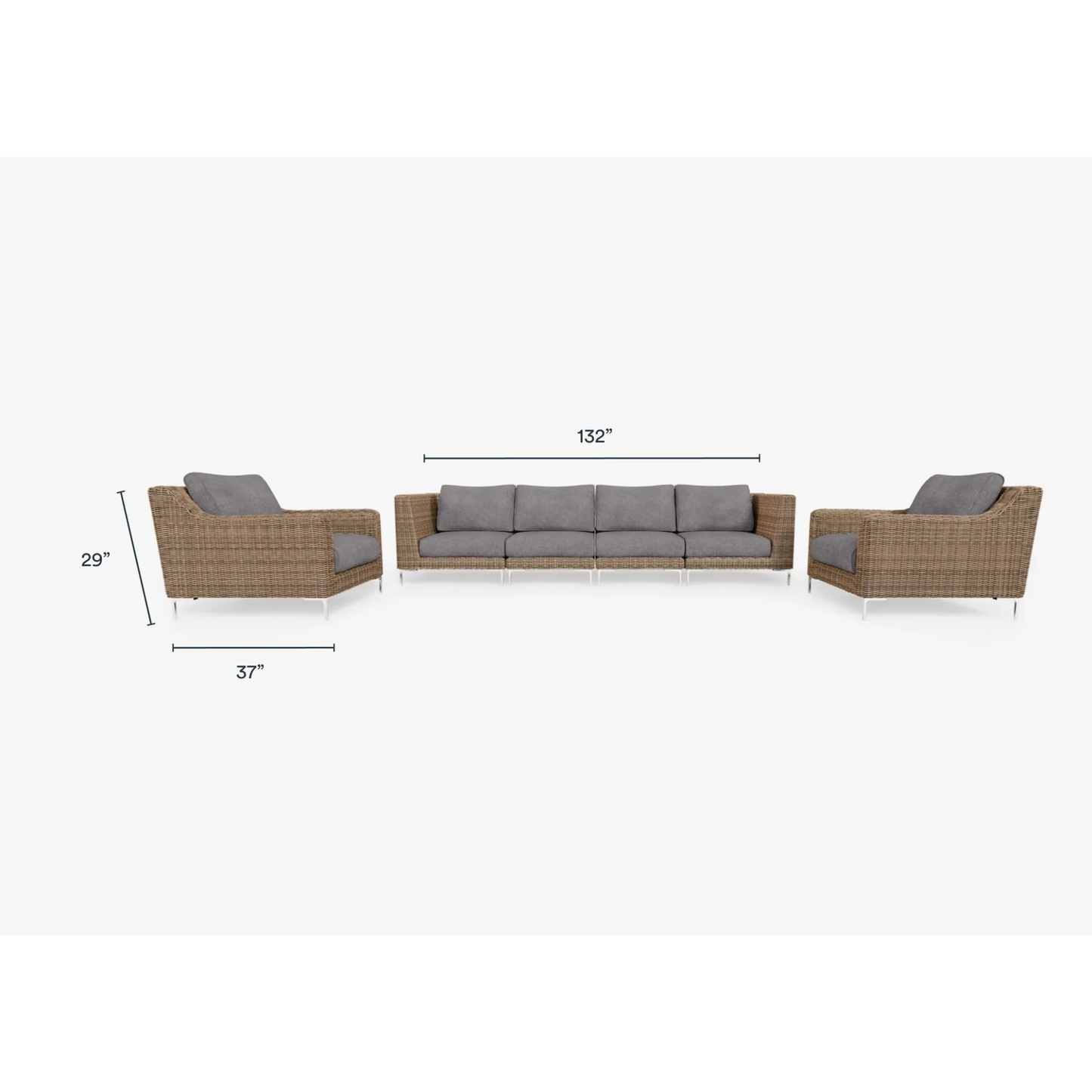 Live Outer 132" Brown Wicker Outdoor Sofa With Armchairs & Dark Pebble Gray Cushion (6-Seat)