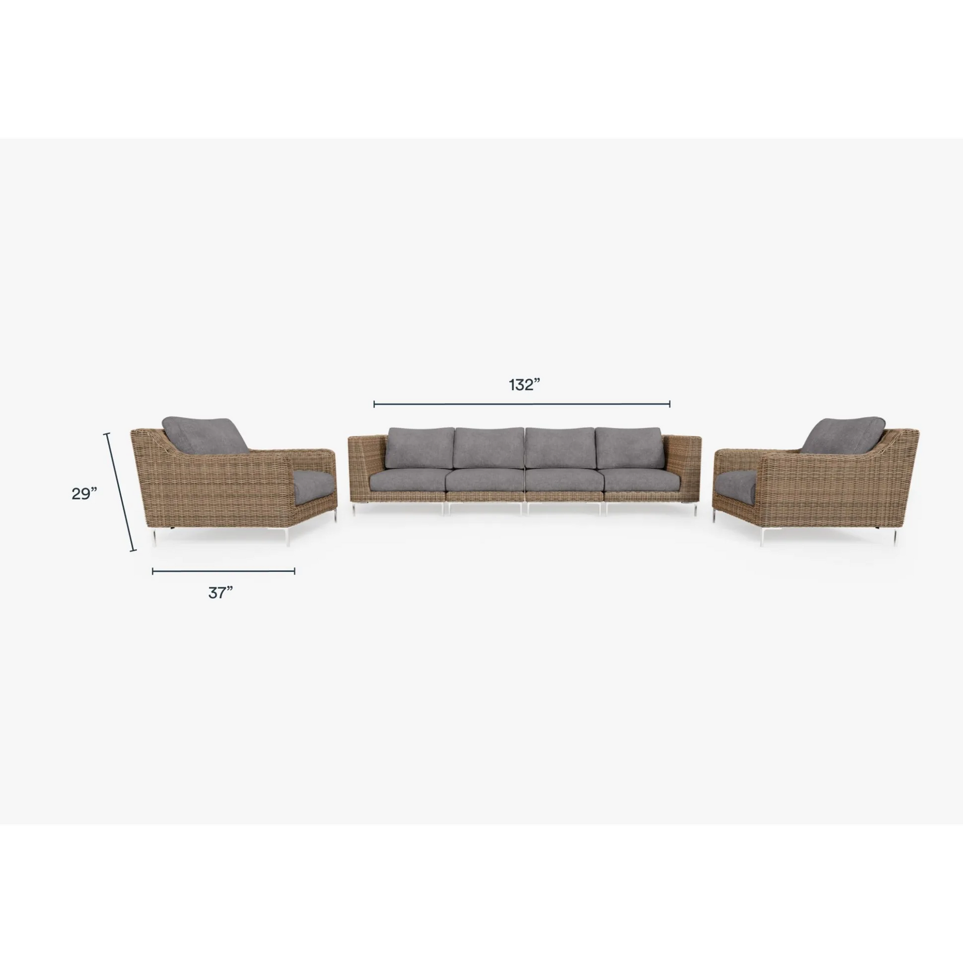 Live Outer 132" Brown Wicker Outdoor Sofa With Armchairs & Dark Pebble Gray Cushion (6-Seat)