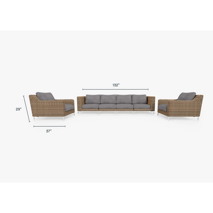 Live Outer 132" Brown Wicker Outdoor Sofa With Armchairs & Dark Pebble Gray Cushion (6-Seat)