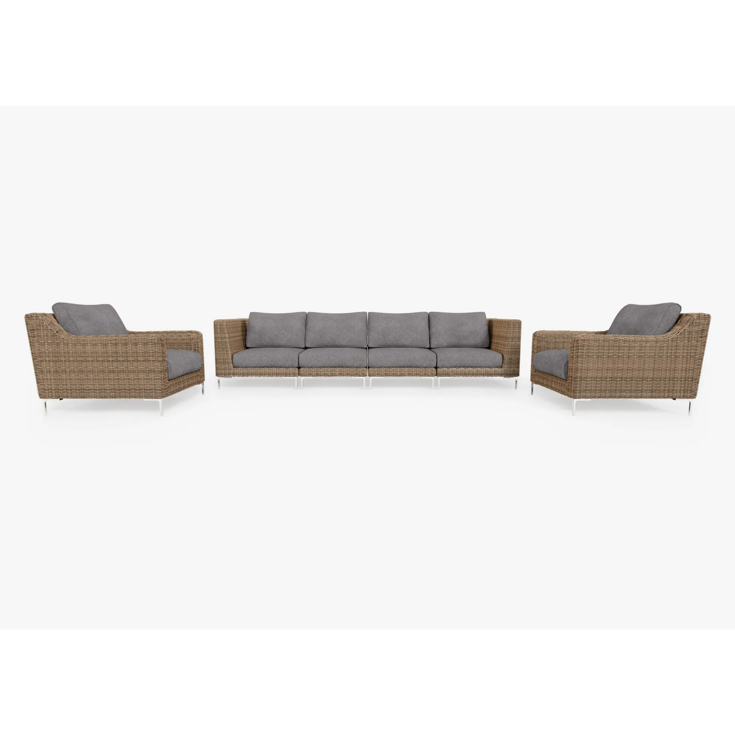 Live Outer 132" Brown Wicker Outdoor Sofa With Armchairs & Dark Pebble Gray Cushion (6-Seat)